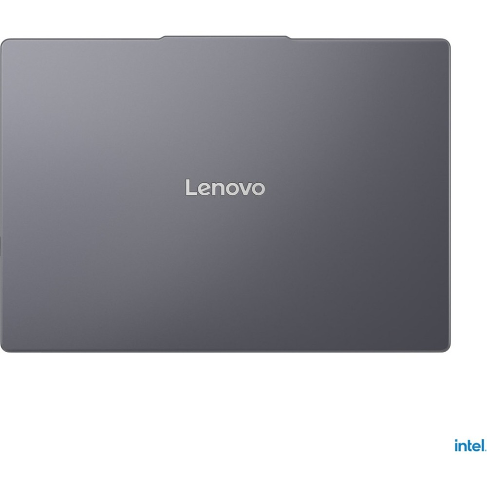 Kapalı, üstten çekilmiş gri bir Lenovo dizüstü bilgisayar. Lenovo logosu ortalanmış. Sağ alt köşede Intel logosu.