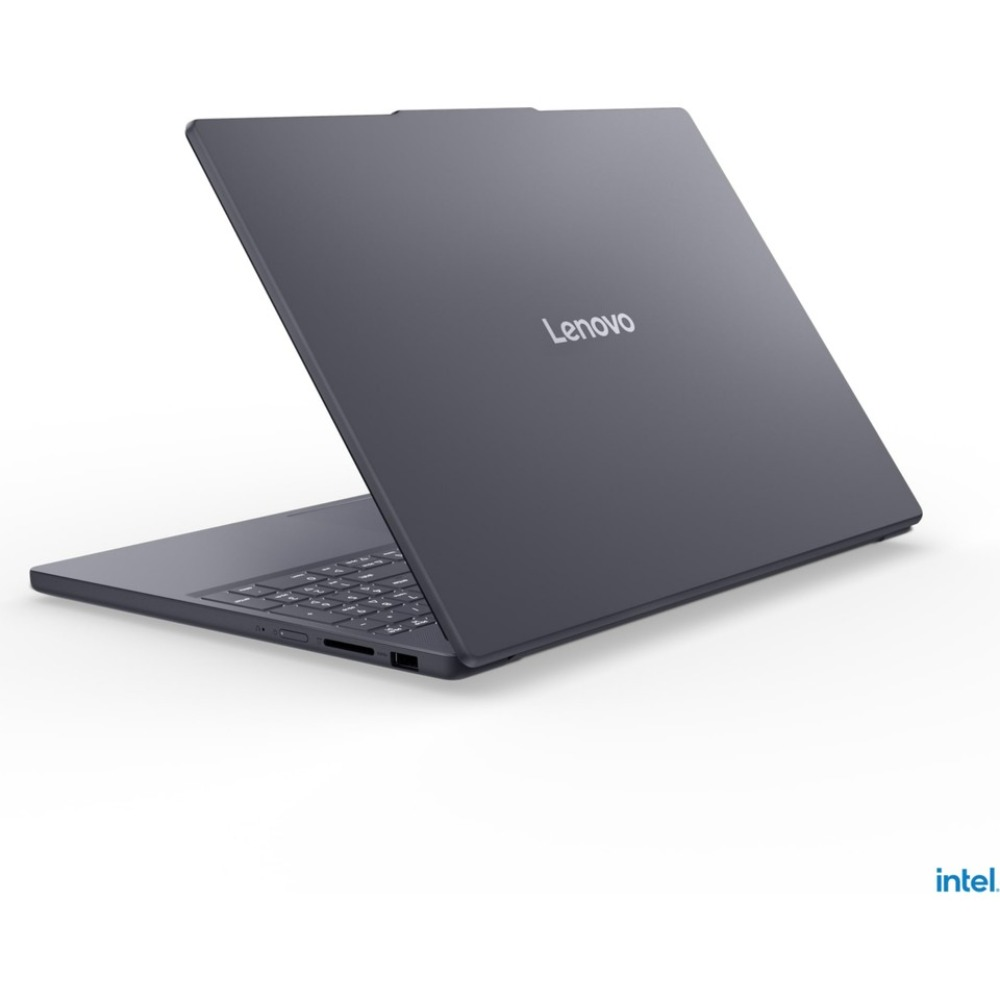 Beyaz bir yüzey üzerinde açık gri bir Lenovo dizüstü bilgisayar. Klavye görülebilir. Lenovo logosu kapakta. Intel logosu altta.
