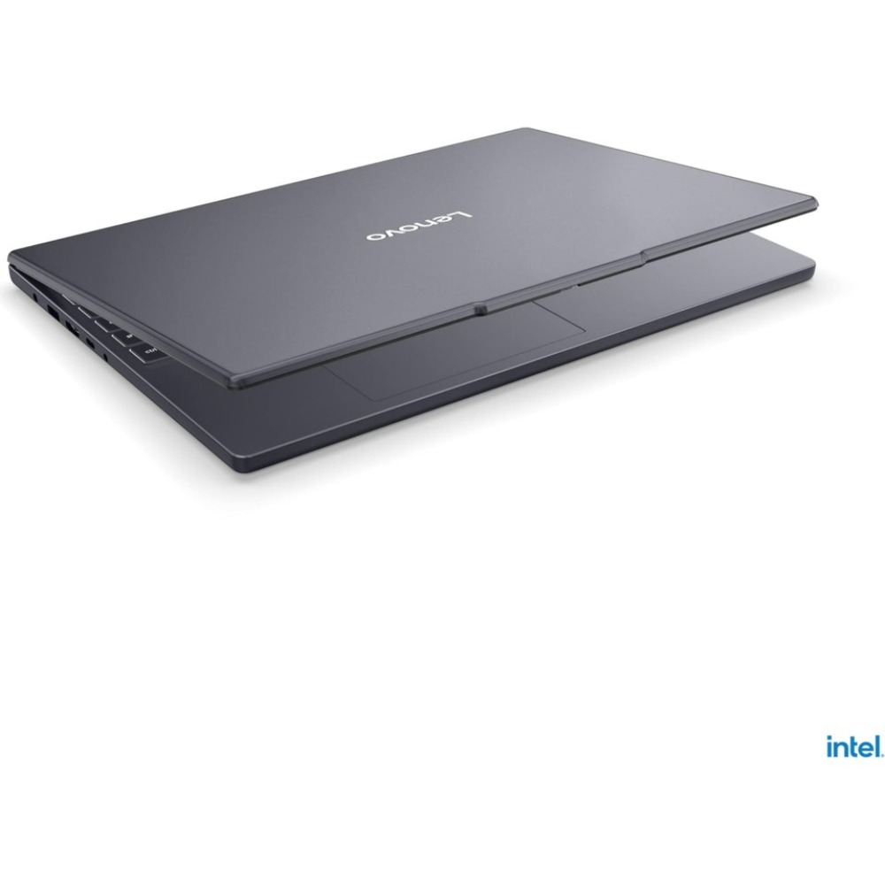 Gri bir Lenovo dizüstü bilgisayar, beyaz bir arka plan üzerinde hafifçe açık. Intel logosu sağ alt köşede.