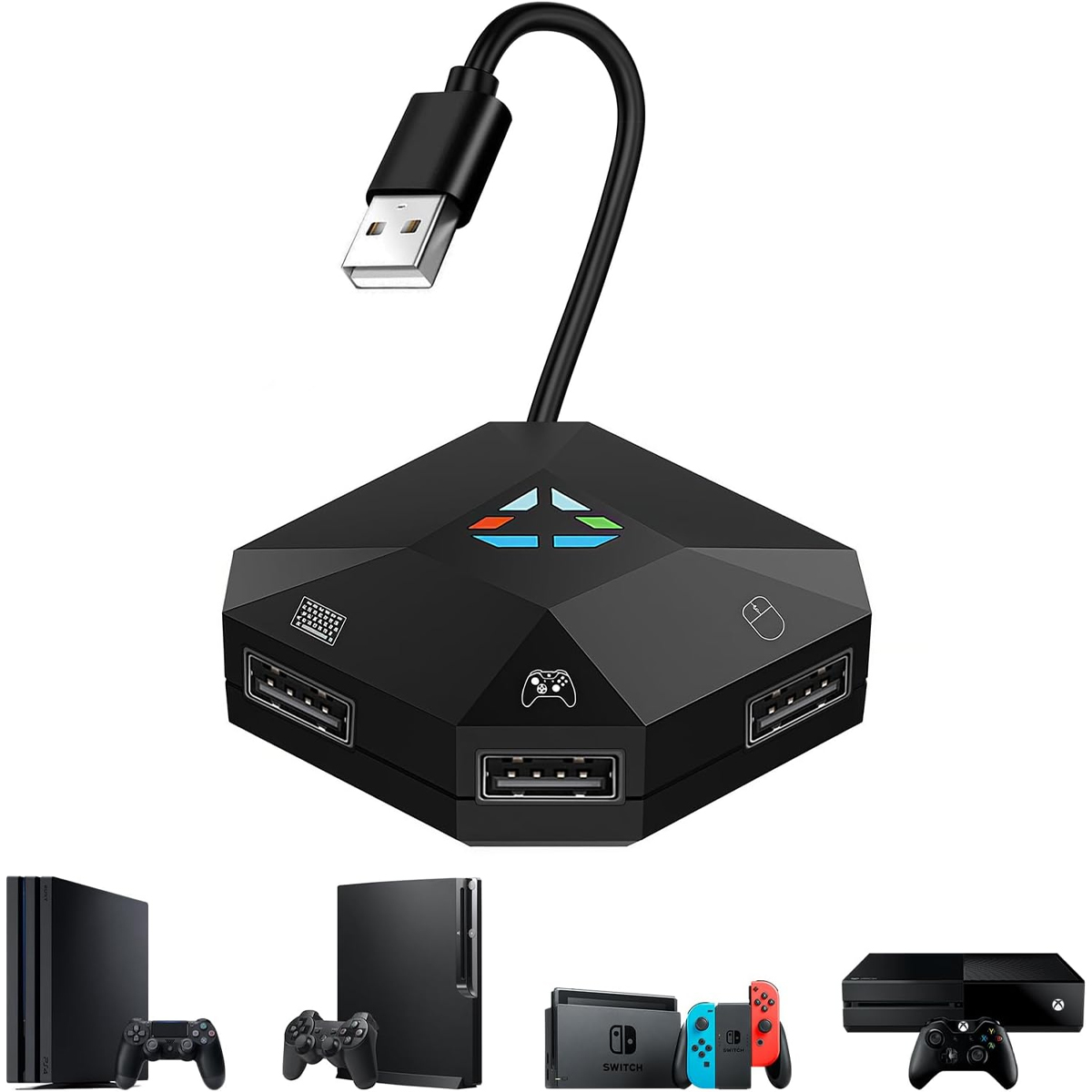 Ein schwarzer USB-Hub für Spielekonsolen mit angeschlossenem USB-Kabel und Spielkonsolen unten.