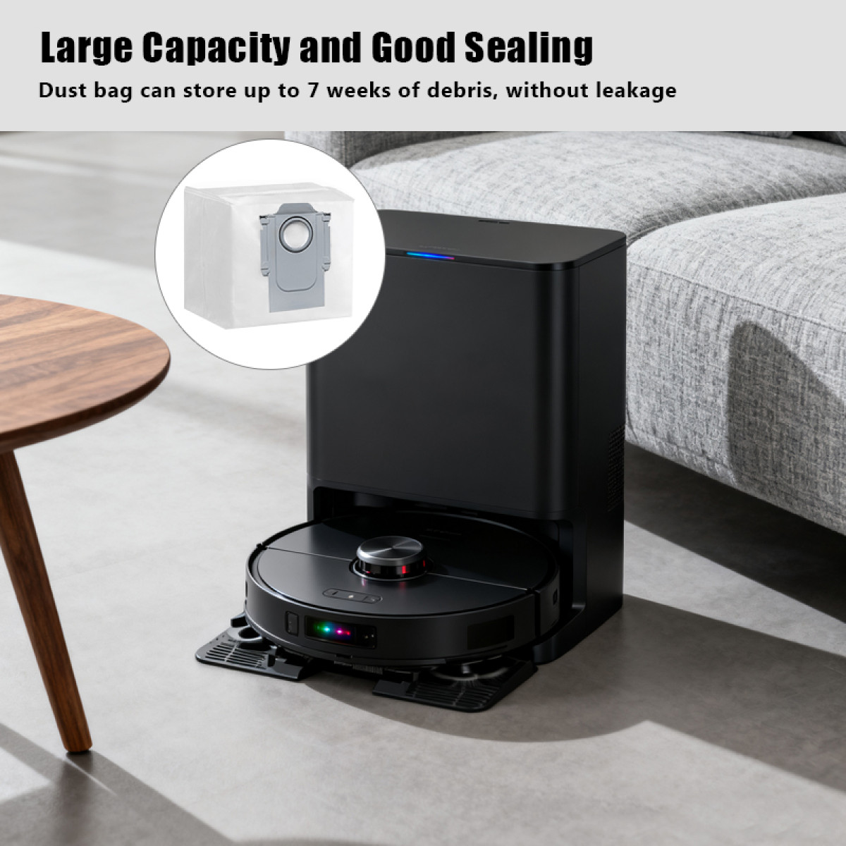 Robot odkurzający z workiem na kurz, czarną stacją ładującą i drewnianym stołem, z tekstem o przechowywaniu śmieci.