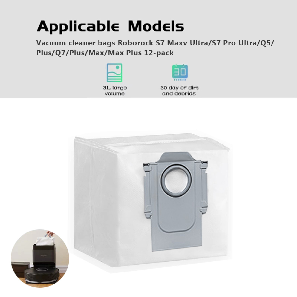Biały worek do odkurzacza z szarymi drzwiami. Tekst zawiera 'Odpowiednie modele' i '3L duża objętość'.