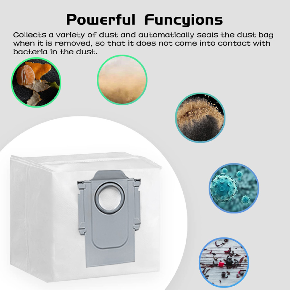 Obraz przedstawia biały worek do odkurzacza z szarą uszczelką. Zawiera również ilustracje kurzu, bakterii i skórki pomarańczowej.