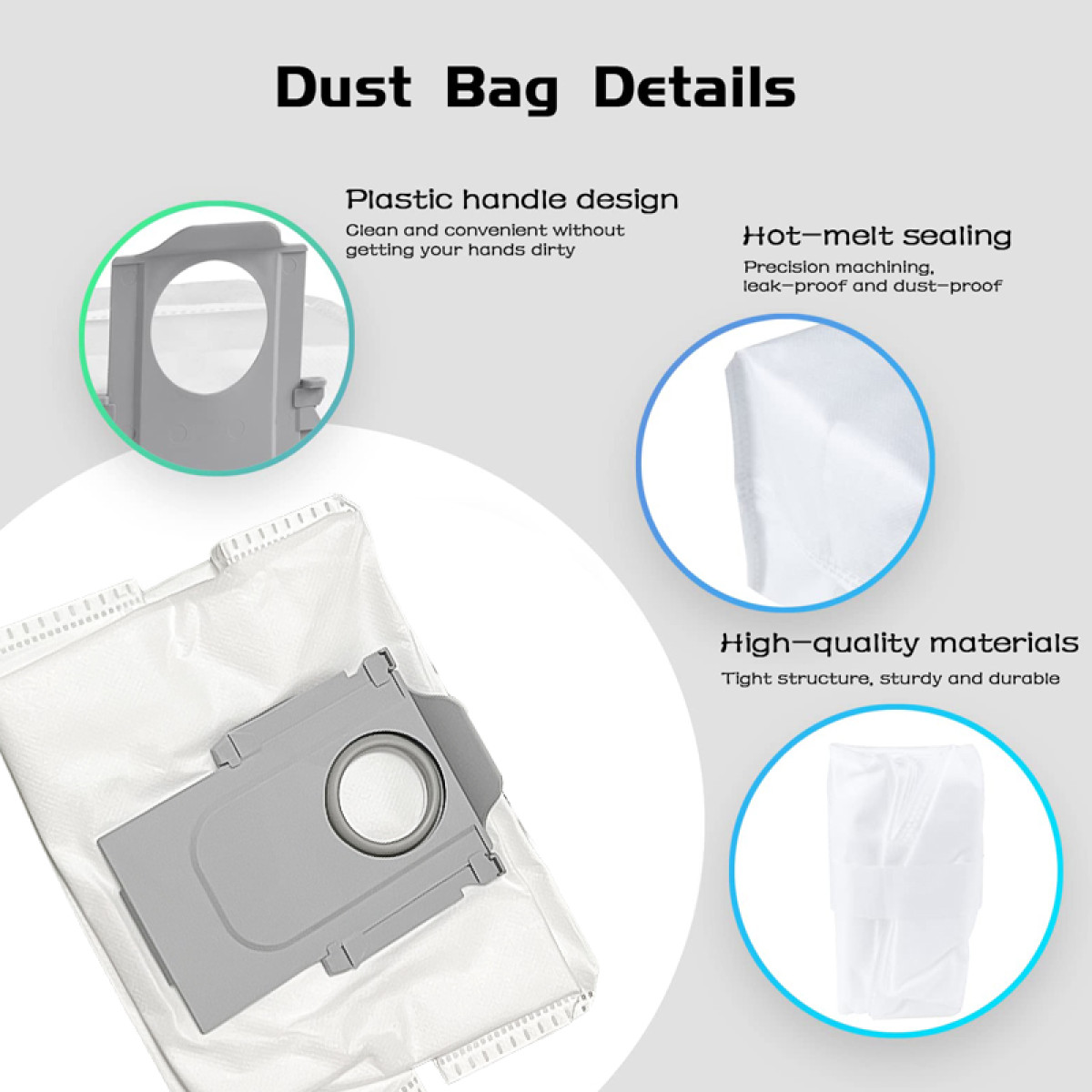 Obraz przedstawia szczegóły worka na kurz. Ma plastikowy uchwyt, zgrzewanie na gorąco i wysokiej jakości materiały. Tekst opisuje każdą funkcję.