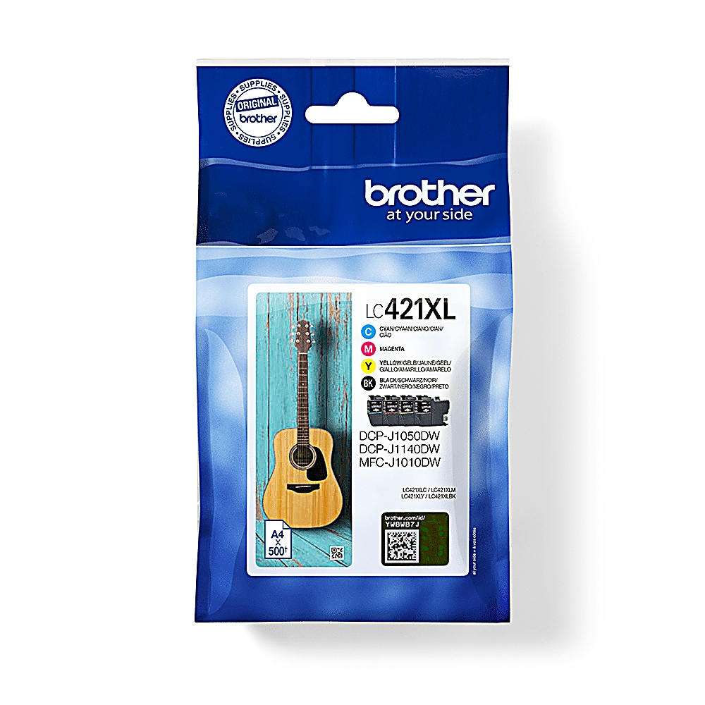 Confezione di cartucce d'inchiostro Brother. Presenta un'immagine di chitarra, indicatori di colore e informazioni sul prodotto.