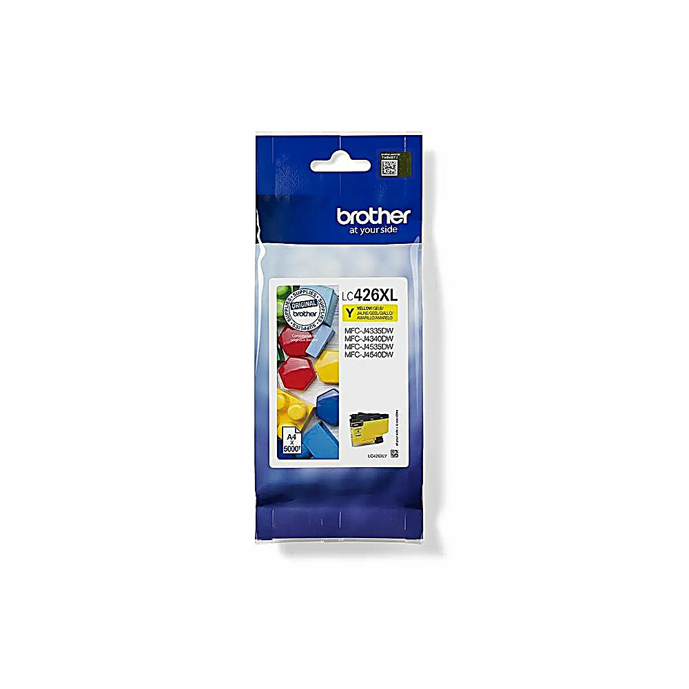 Una cartuccia d'inchiostro gialla Brother LC426XL in una confezione di plastica blu e trasparente, con testo e logo.