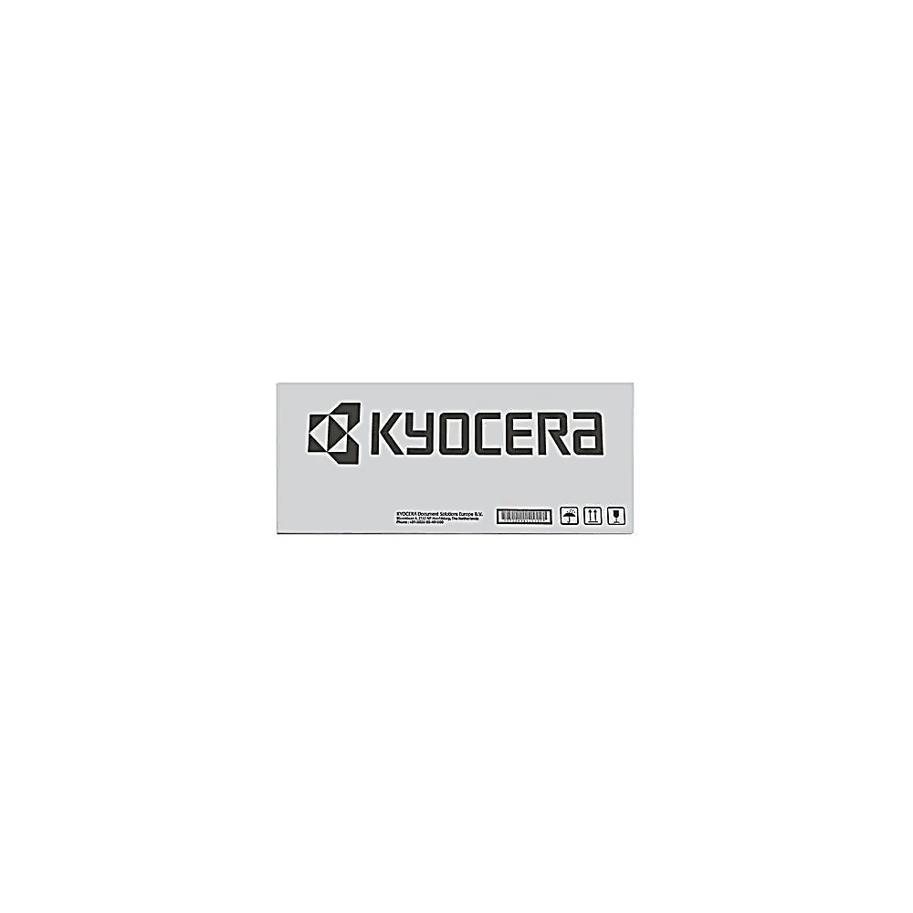 Uno sfondo bianco con un rettangolo grigio contenente il logo KYOCERA e altri testi e simboli. Il logo è a forma di diamante.