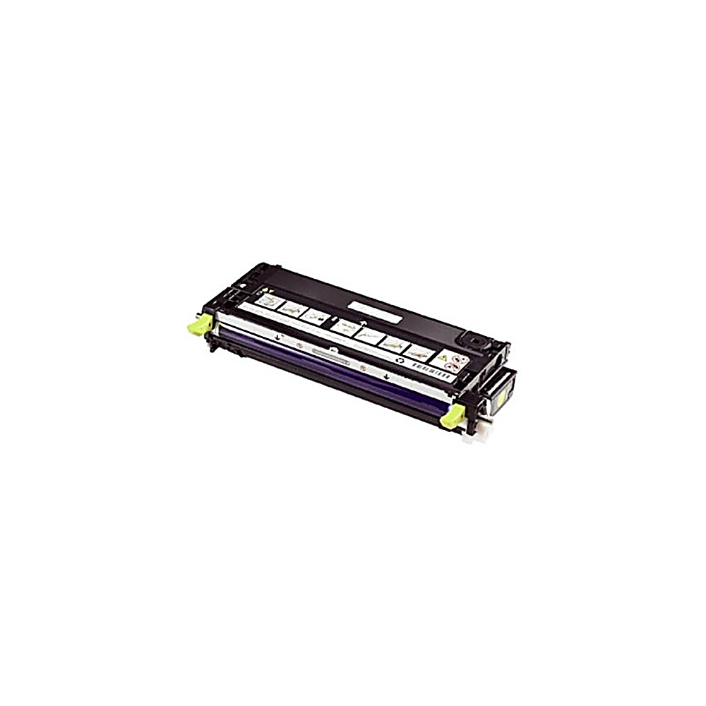 Viene mostrata una cartuccia toner per stampante. È nera con etichette bianche. Sono presenti accenti gialli sulla cartuccia. Lo sfondo è bianco.