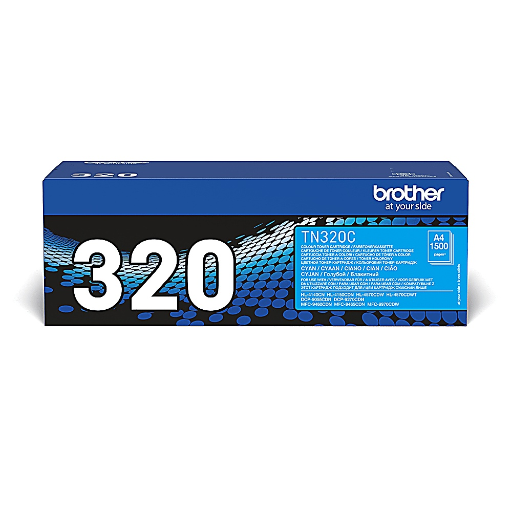 Scatola cartuccia toner Brother TN320C. Scatola blu con '320' bianco e informazioni sul prodotto. A4 1500 pagine.