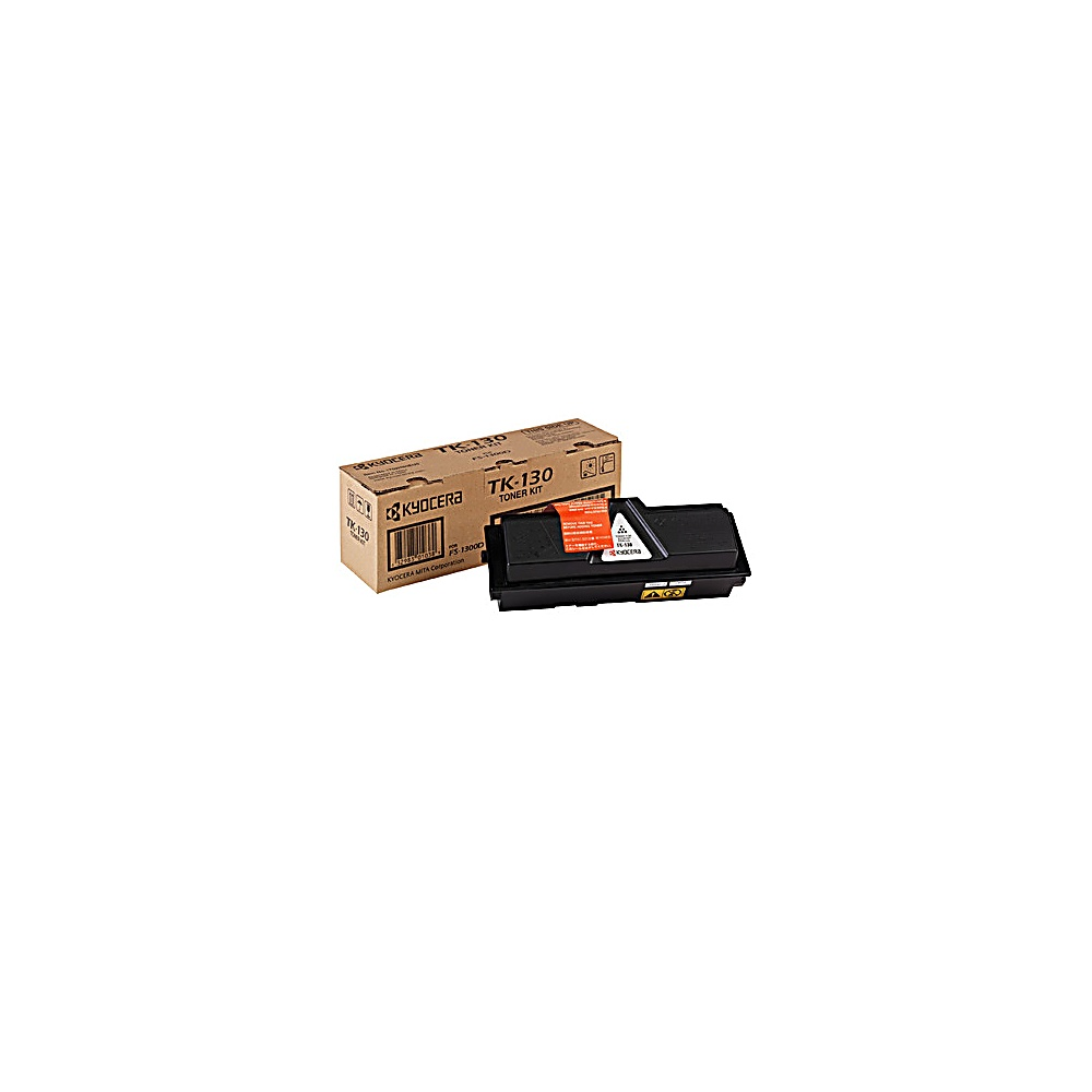 Un kit toner Kyocera TK-130, con la sua scatola e una cartuccia toner nera. La scatola è marrone con testo nero e arancione.