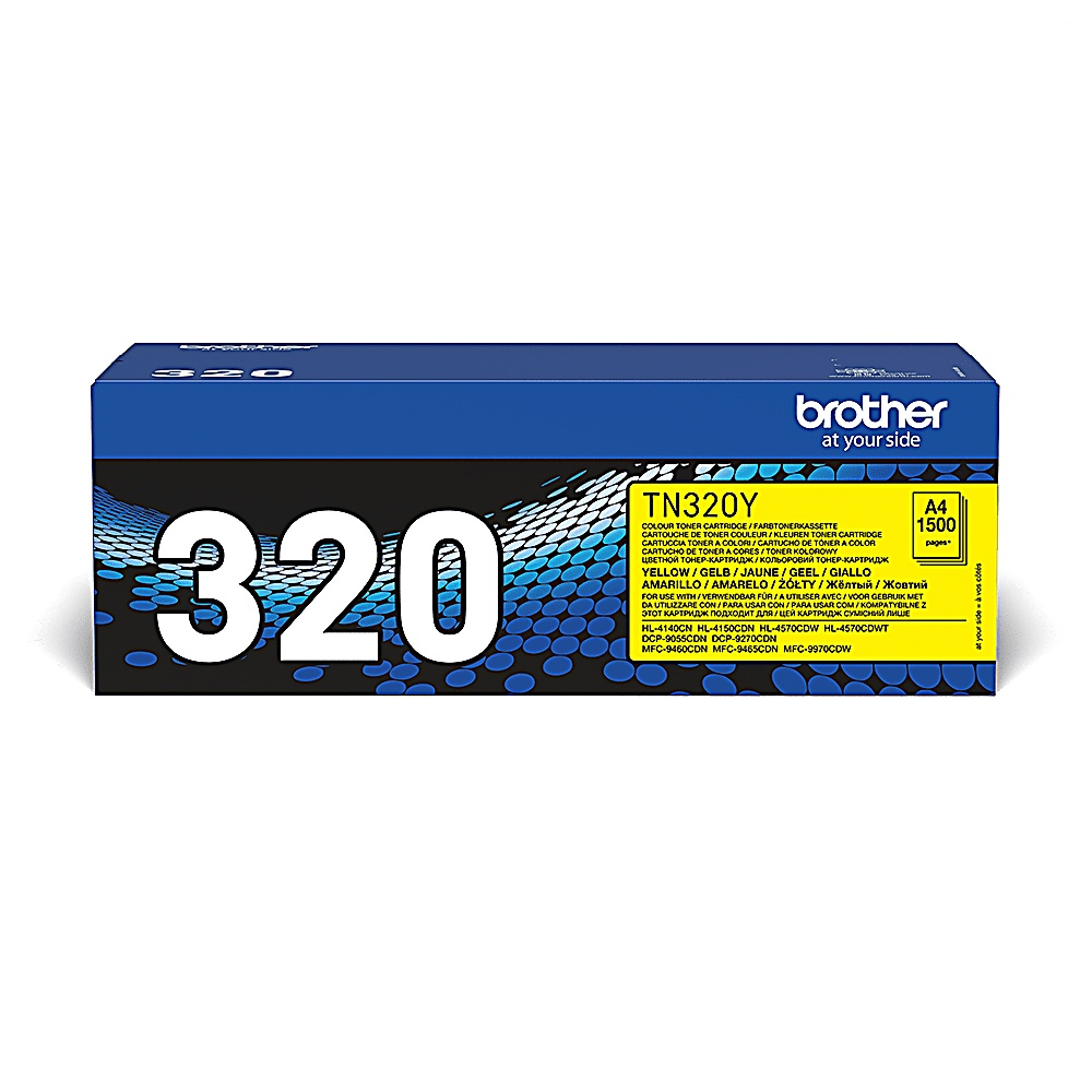 Scatola cartuccia toner Brother, blu e gialla. Testo: '320', 'TN320Y' e 'brother at your side'.