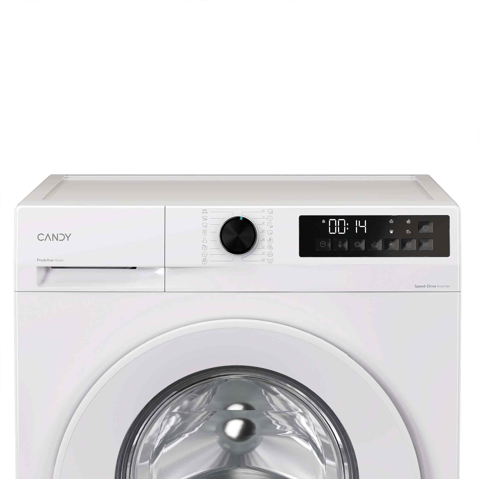 Weiße Candy Waschmaschine mit schwarzem Bedienfeld und Digitalanzeige 00:14. Proactive Wash ist geschrieben.