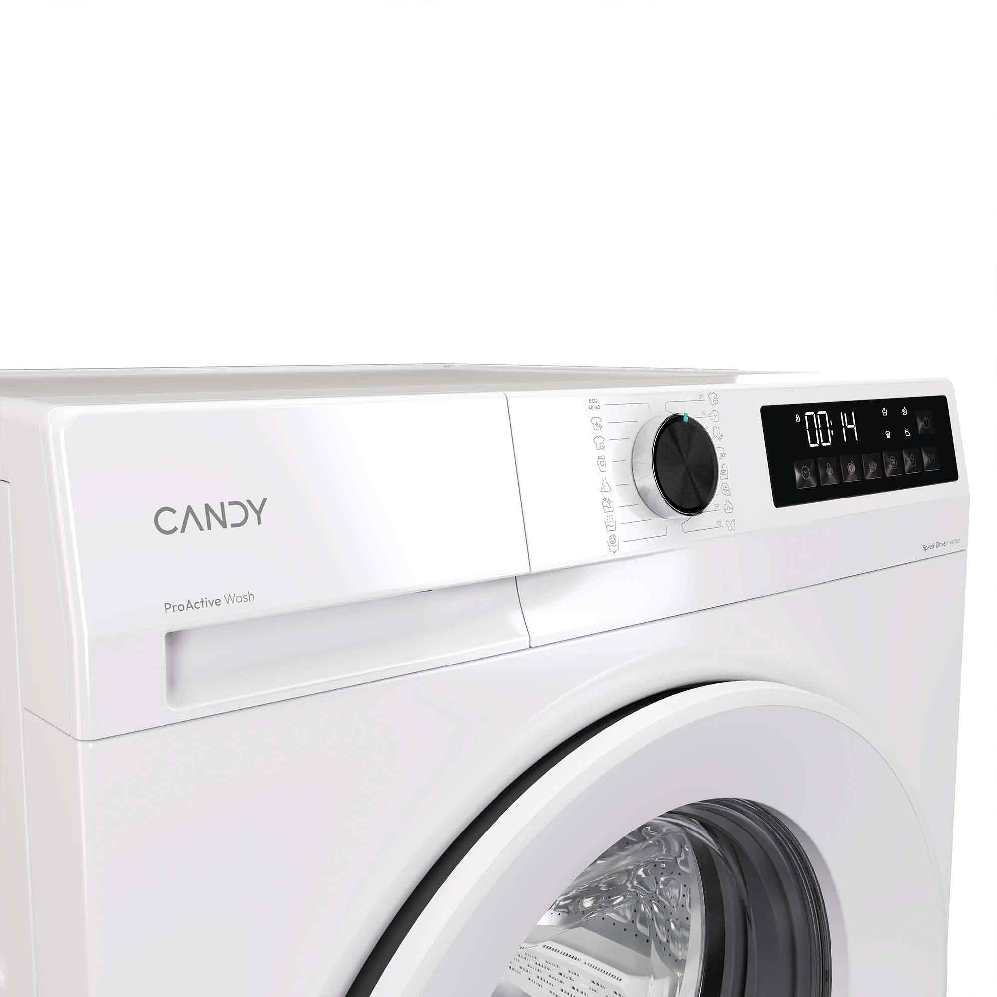 Eine weiße Candy-Waschmaschine. Sie hat ein Bedienfeld, eine Digitalanzeige und ein Drehregler. Die angezeigte Zeit ist 00:14.