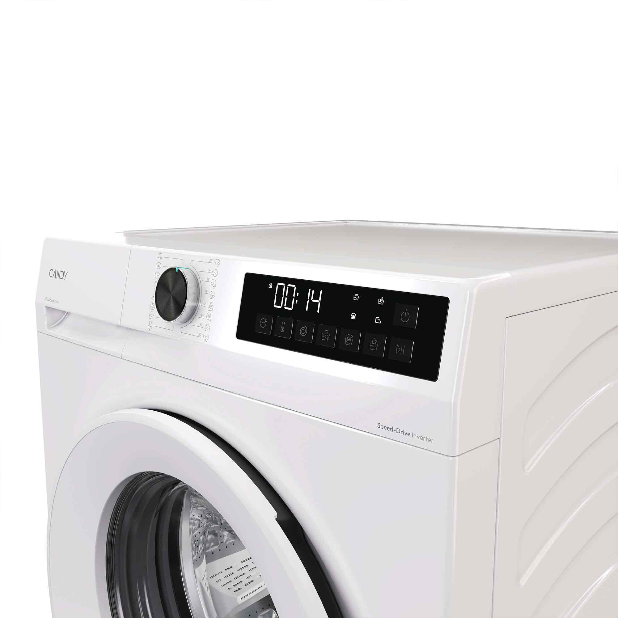 Eine weiße Candy-Waschmaschine mit Digitalanzeige '00:14'. Die Tür ist offen. Speed-Drive Inverter ist sichtbar.