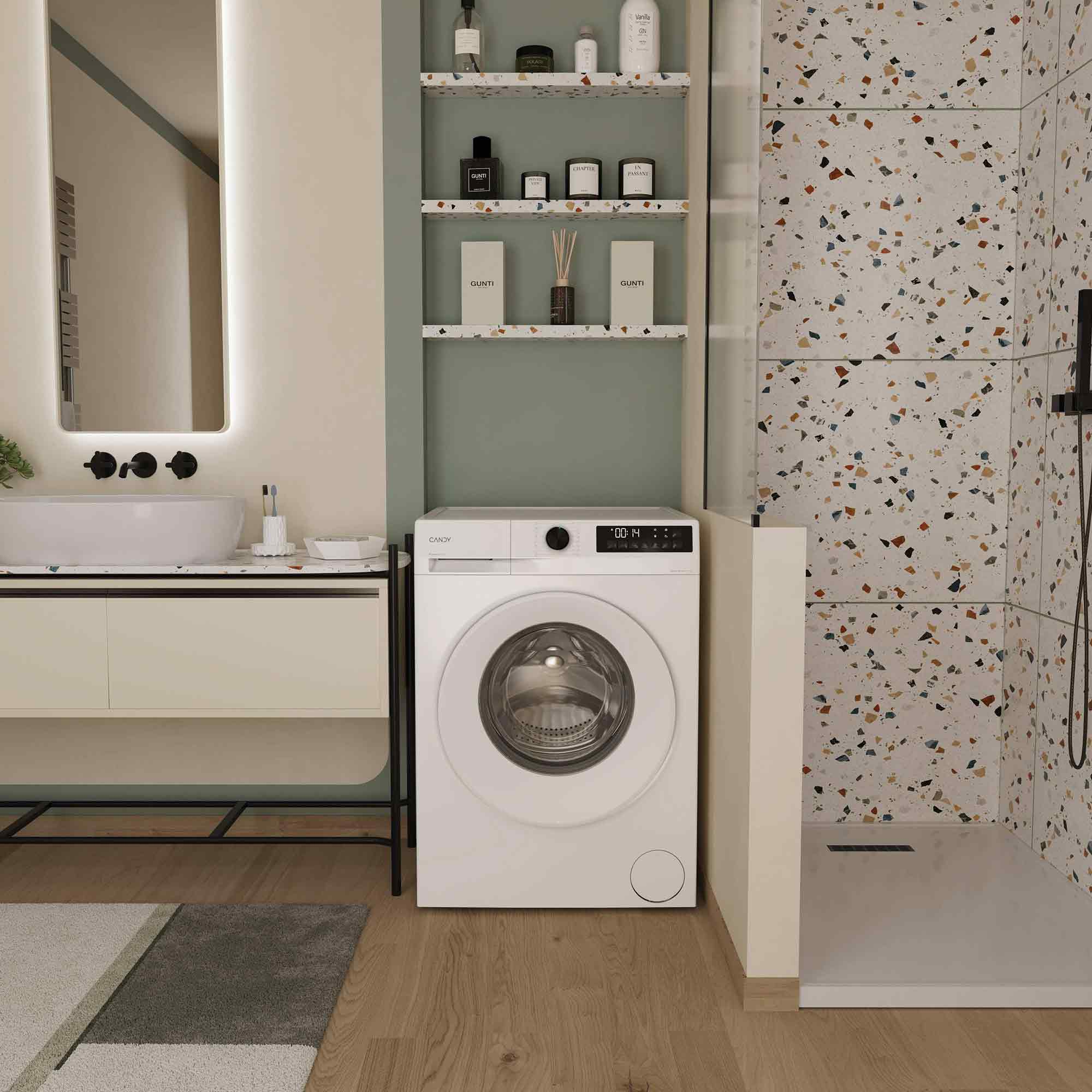 Modernes Badezimmer mit Waschmaschine, Dusche und Waschbecken. Dekorative Regale mit Toilettenartikeln.