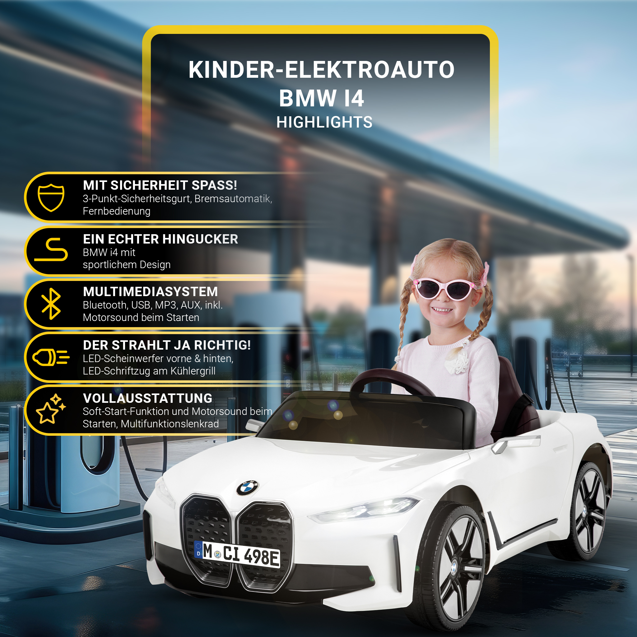 Ein Mädchen mit Sonnenbrille sitzt in einem weißen BMW i4 Spielzeugauto. Text hebt Merkmale hervor.