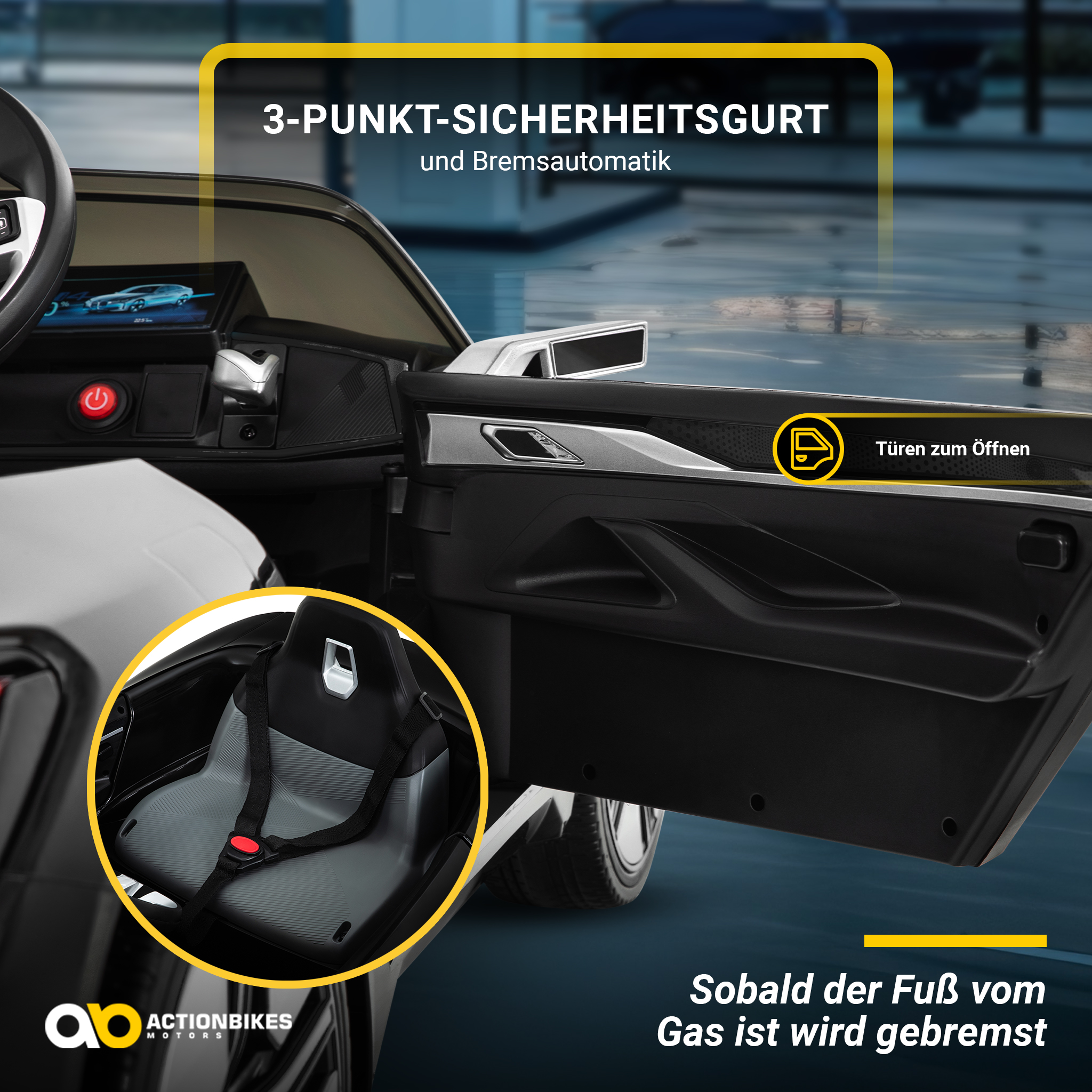 Nahaufnahme eines Spielzeugauto-Innenraums mit Sicherheitsmerkmalen. Enthält einen Sitz, einen Sicherheitsgurt und einen Türgriff.