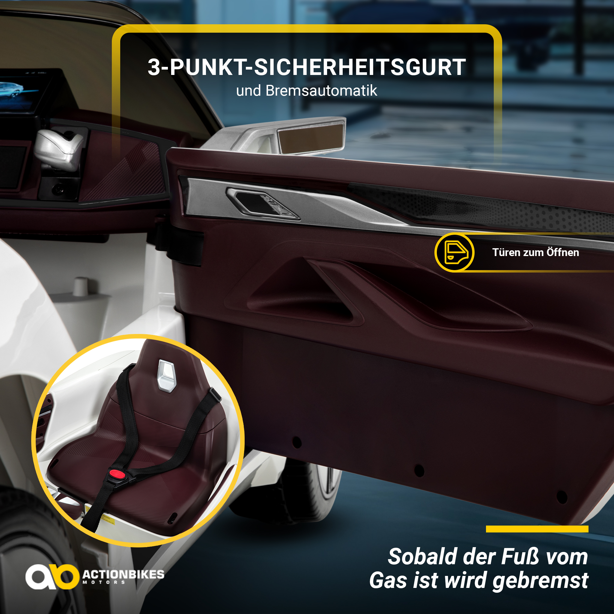 Detail des Autoinnenraums. Sitz mit Sicherheitsgurt, Tür und Text auf Deutsch: 3-Punkt-Sicherheitsgurt und Bremsautomatik.