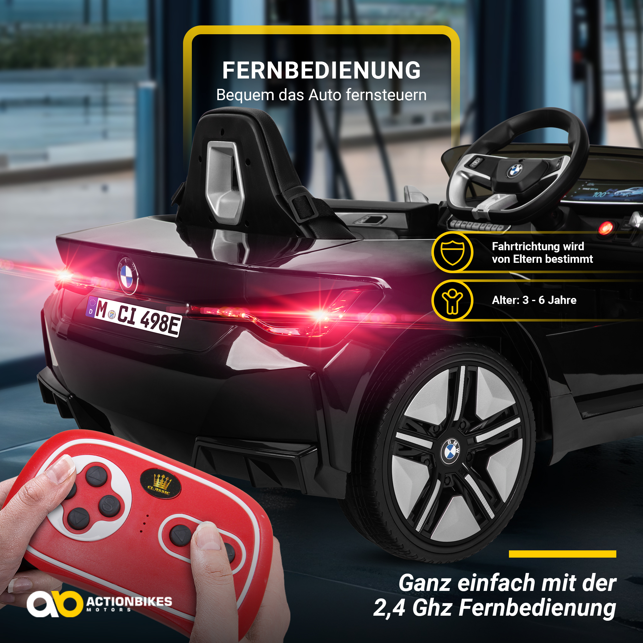 Schwarzes Spielzeugauto mit Fernbedienung für Kinder von 3-6 Jahren. Das Auto hat ein BMW-Logo.
