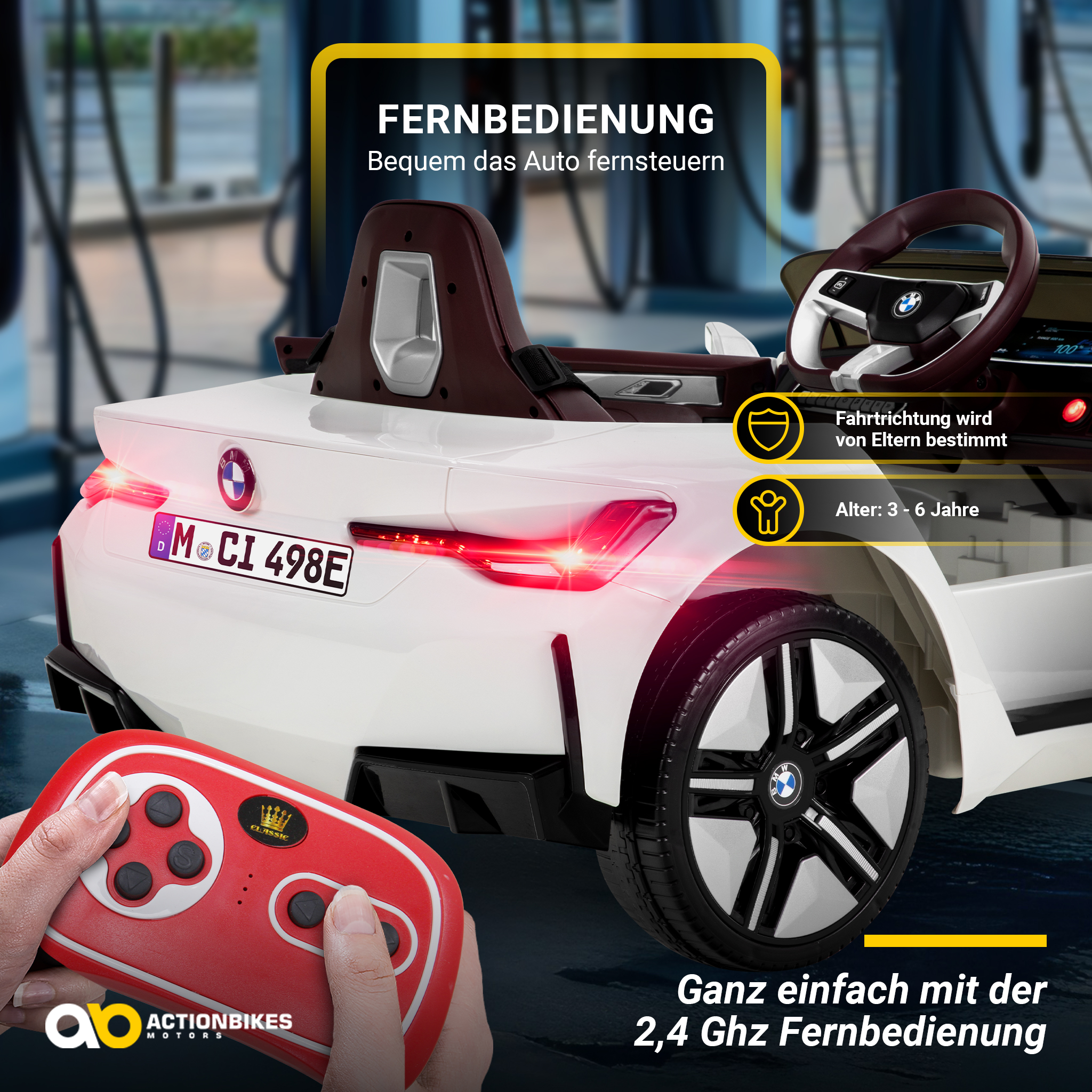 Ein weißes Spielzeug-BMW-Auto, gesteuert von einer roten Fernbedienung. Enthält Text: 'Fernbedienung', '3-6 Jahre'.