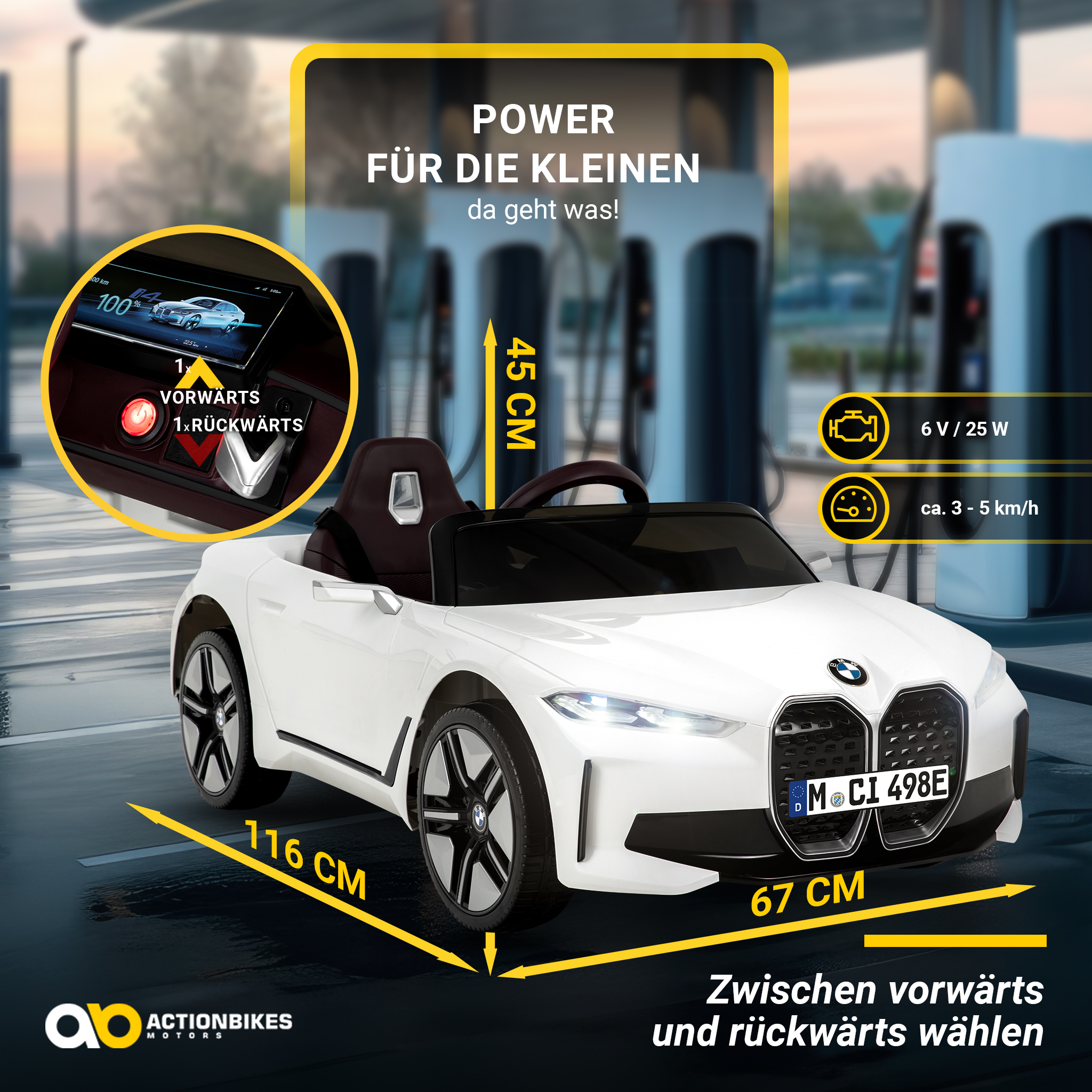 Ein weißes Spielzeugauto mit schwarzen Rädern und einem braunen Sitz. Es hat ein digitales Display und verschiedene Spezifikationen.