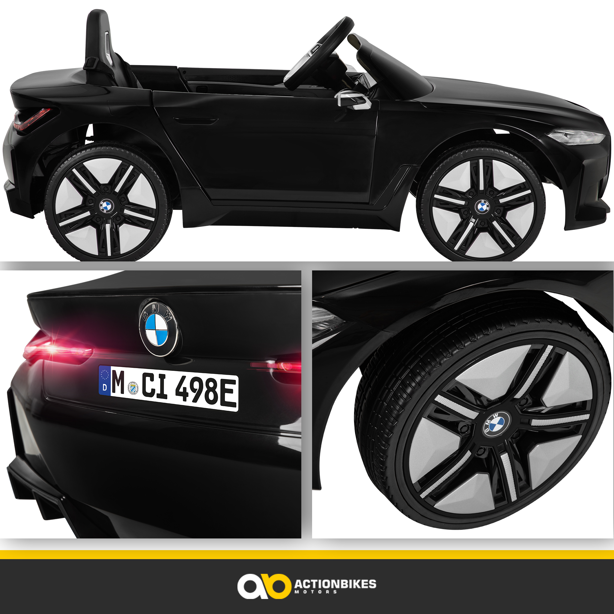 Schwarzes BMW-Spielzeugauto mit weiß-schwarzen Rädern. Details zeigen das Nummernschild und das BMW-Logo.