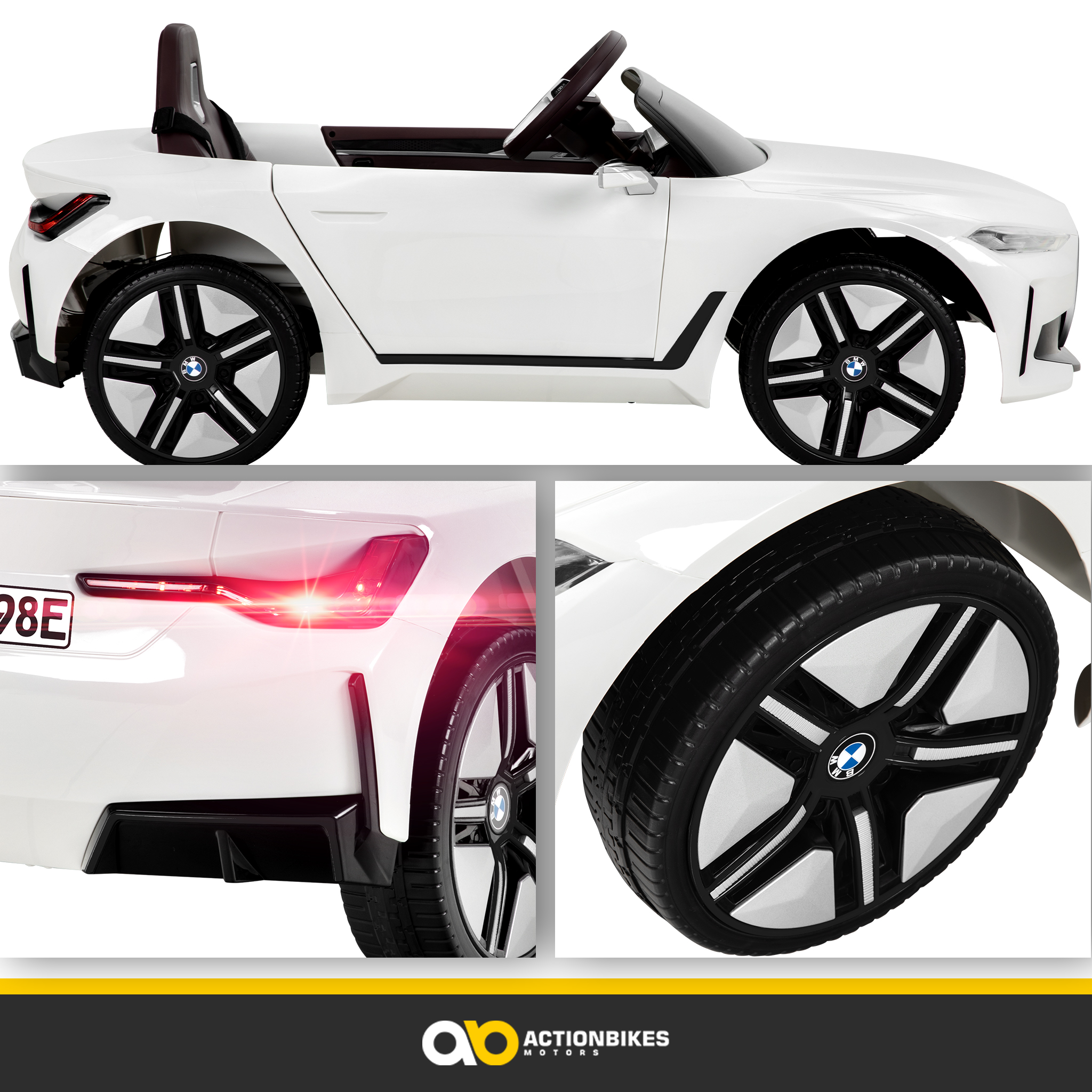 Ein weißes BMW-Spielzeugauto mit schwarzen Rädern und braunem Innenraum vor weißem Hintergrund.