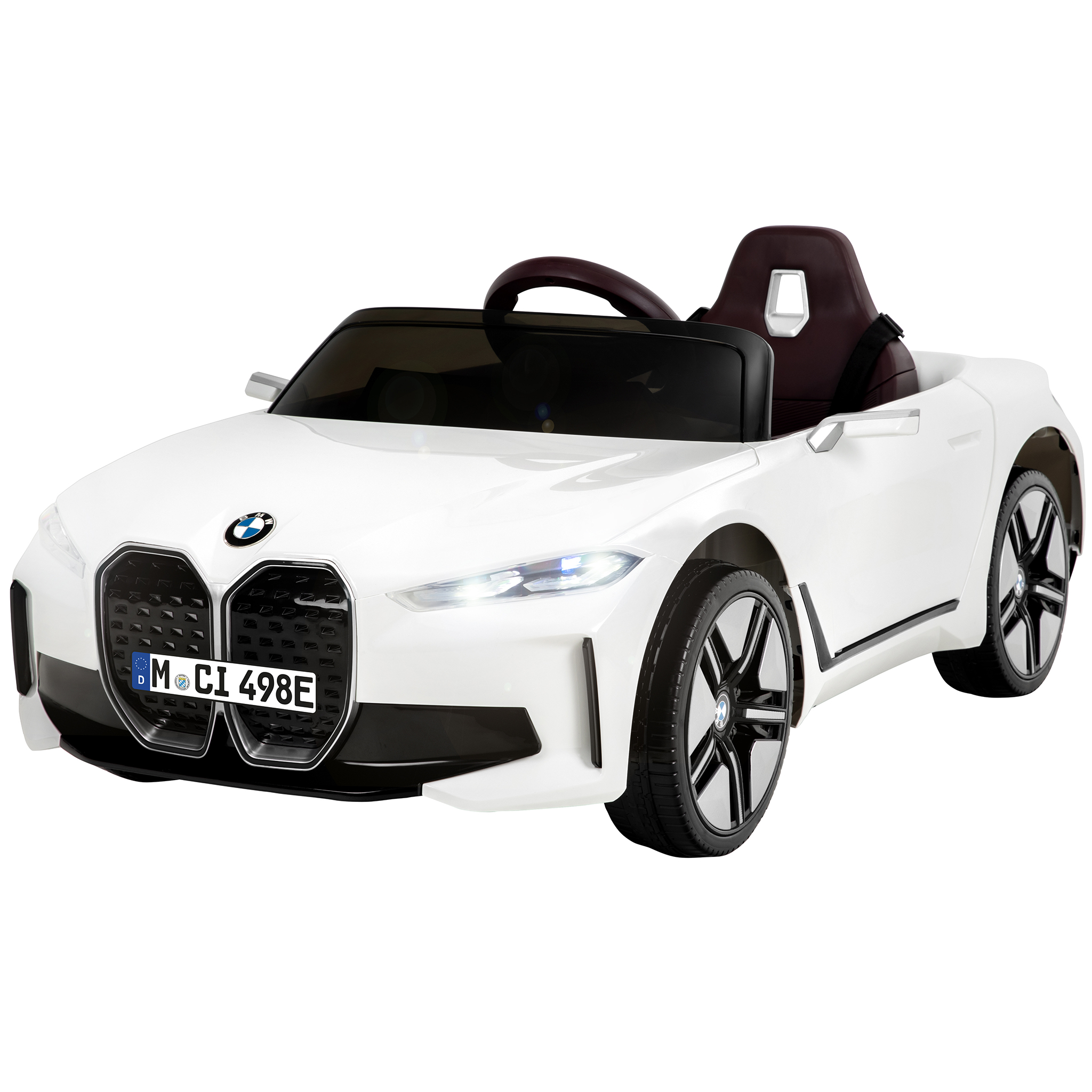 Ein weißes Spielzeugauto mit schwarzen Rädern, einem braunen Sitz und einem schwarzen Lenkrad. Es hat ein BMW-Logo.