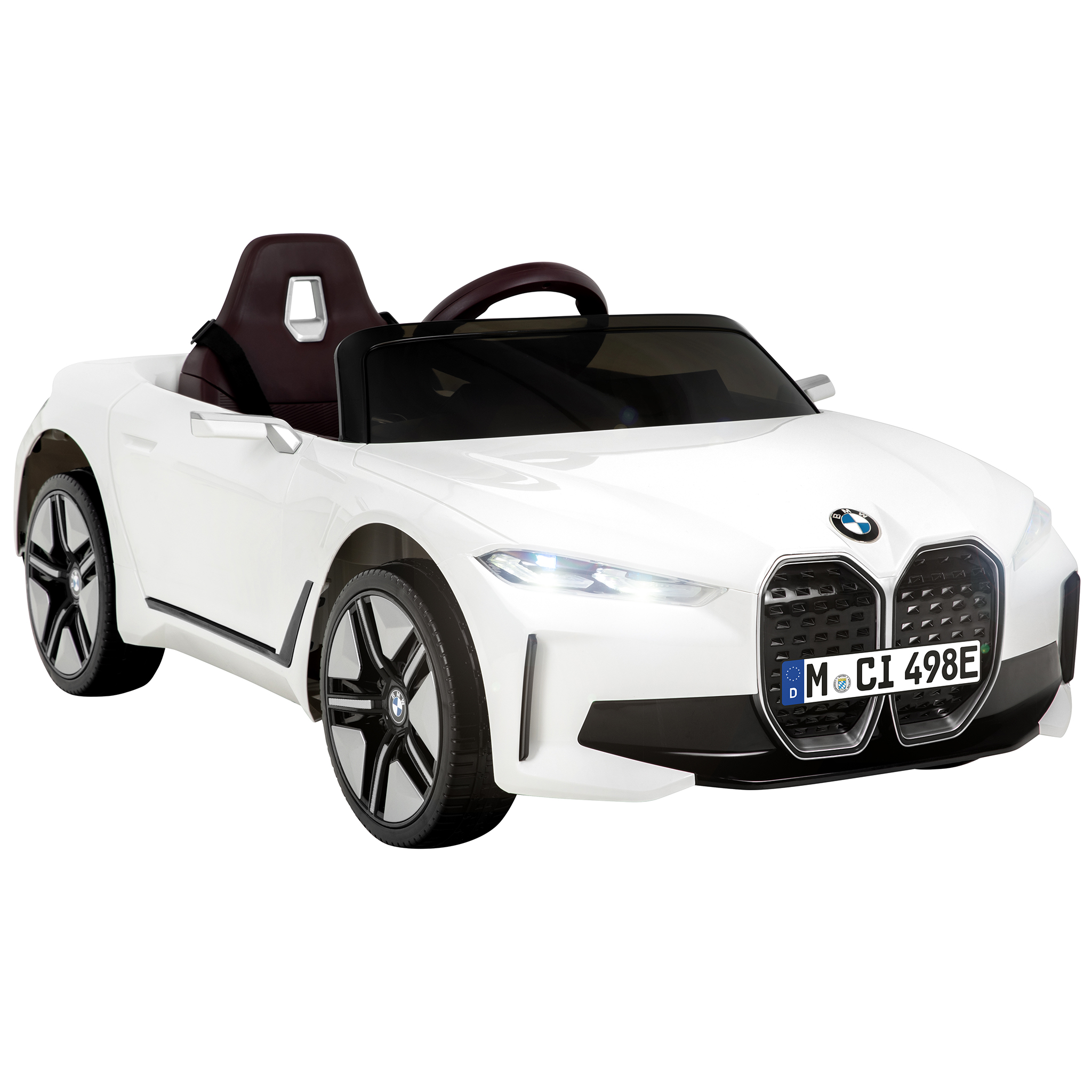 Ein weißes Spielzeugauto mit schwarzen Rädern, einem braunen Sitz und einem schwarzen Lenkrad auf weißem Hintergrund.