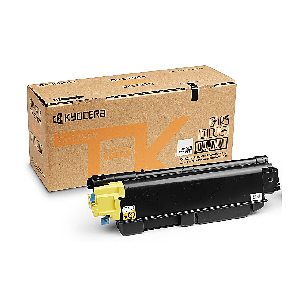 Una cartuccia toner Kyocera TK-5290Y e la sua scatola. La scatola è marrone con testo giallo, il toner è nero e giallo.