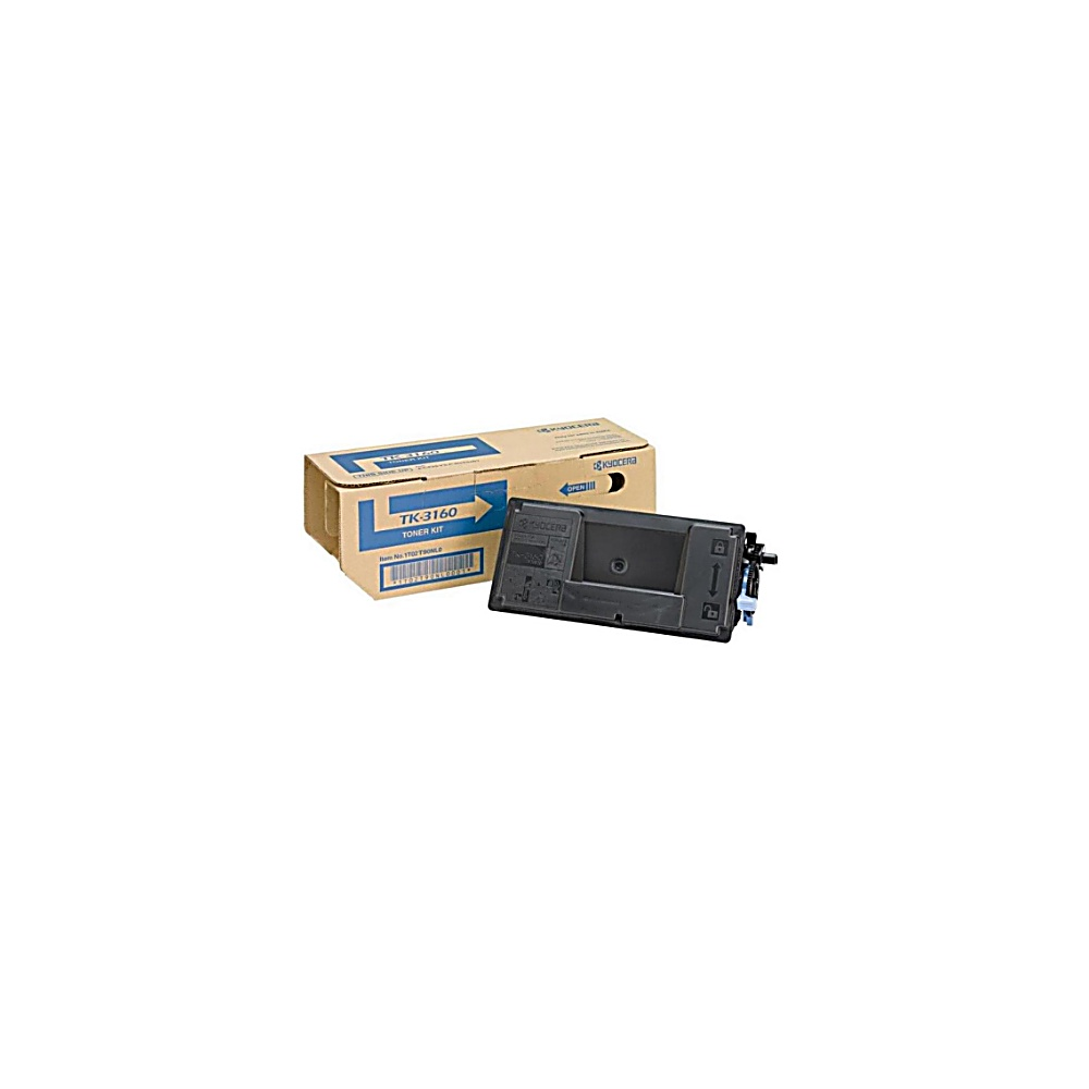 Una scatola di kit toner etichettata TK-3160 è accanto a una cartuccia toner nera, entrambe su sfondo bianco.