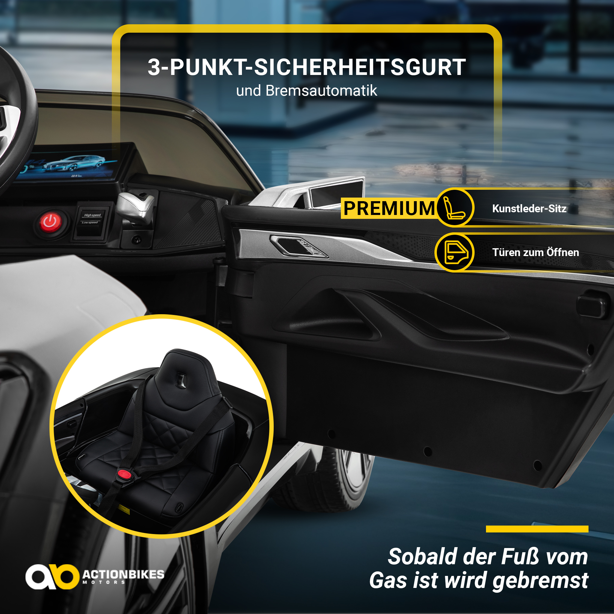 Nahaufnahme eines Spielzeugauto-Innenraums mit Sitz, Armaturenbrett und Sicherheitsmerkmalen wie einem Sicherheitsgurt.