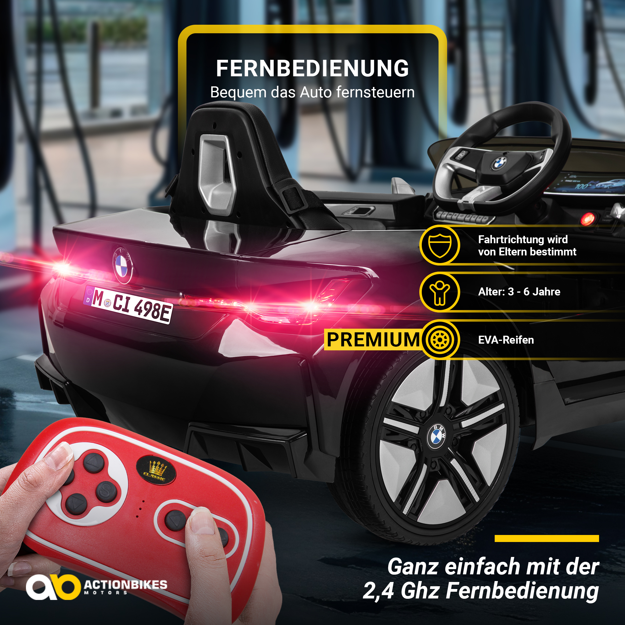 Ein schwarzes BMW-Spielzeugauto mit Fernbedienung, roten Lichtern und Details. Das Auto ist Premium mit EVA-Reifen.