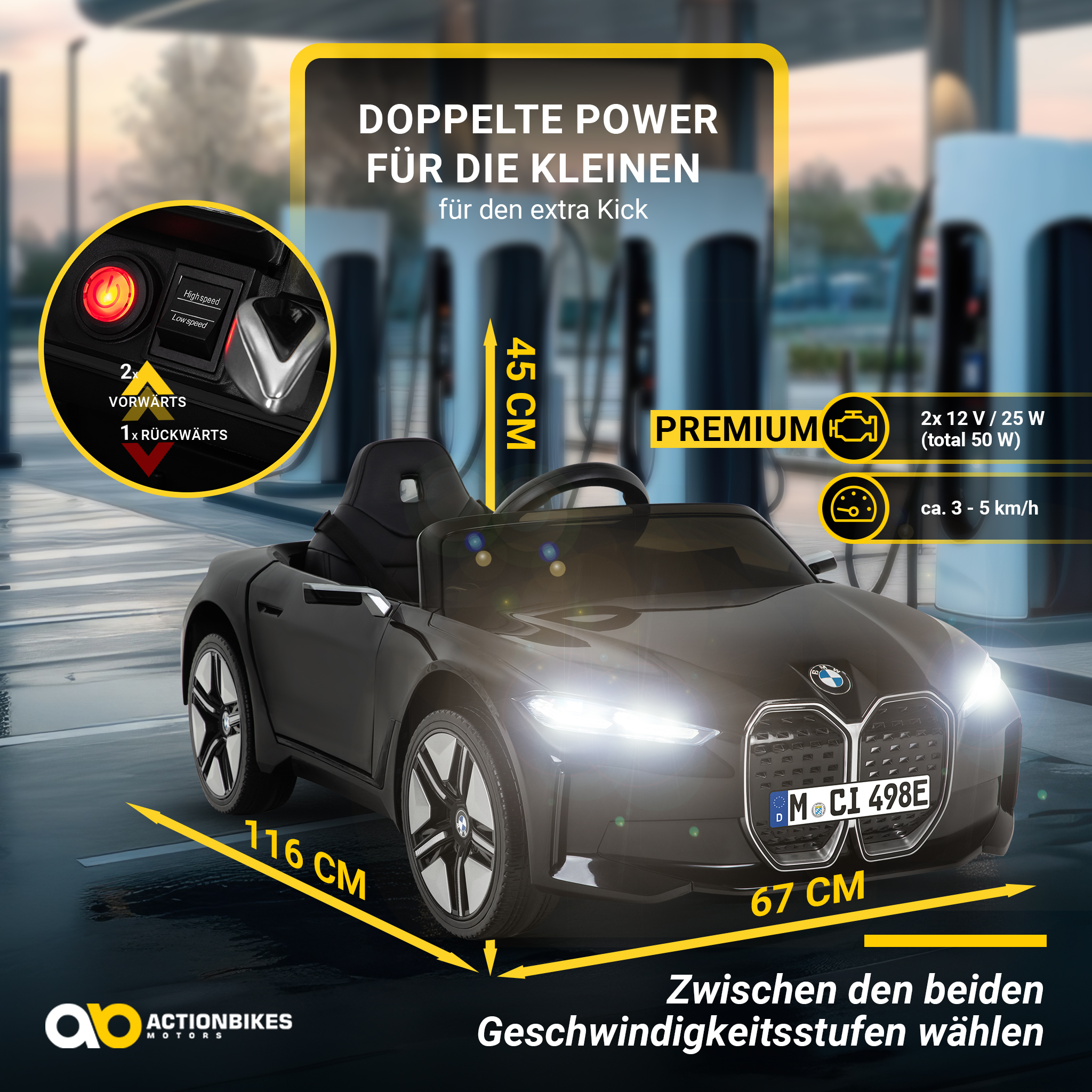 Schwarzes Spielzeugauto mit angegebenen Abmessungen. Text enthält 'Doppelte Power', 'Premium' und 'ACTIONBIKES MOTORS'.
