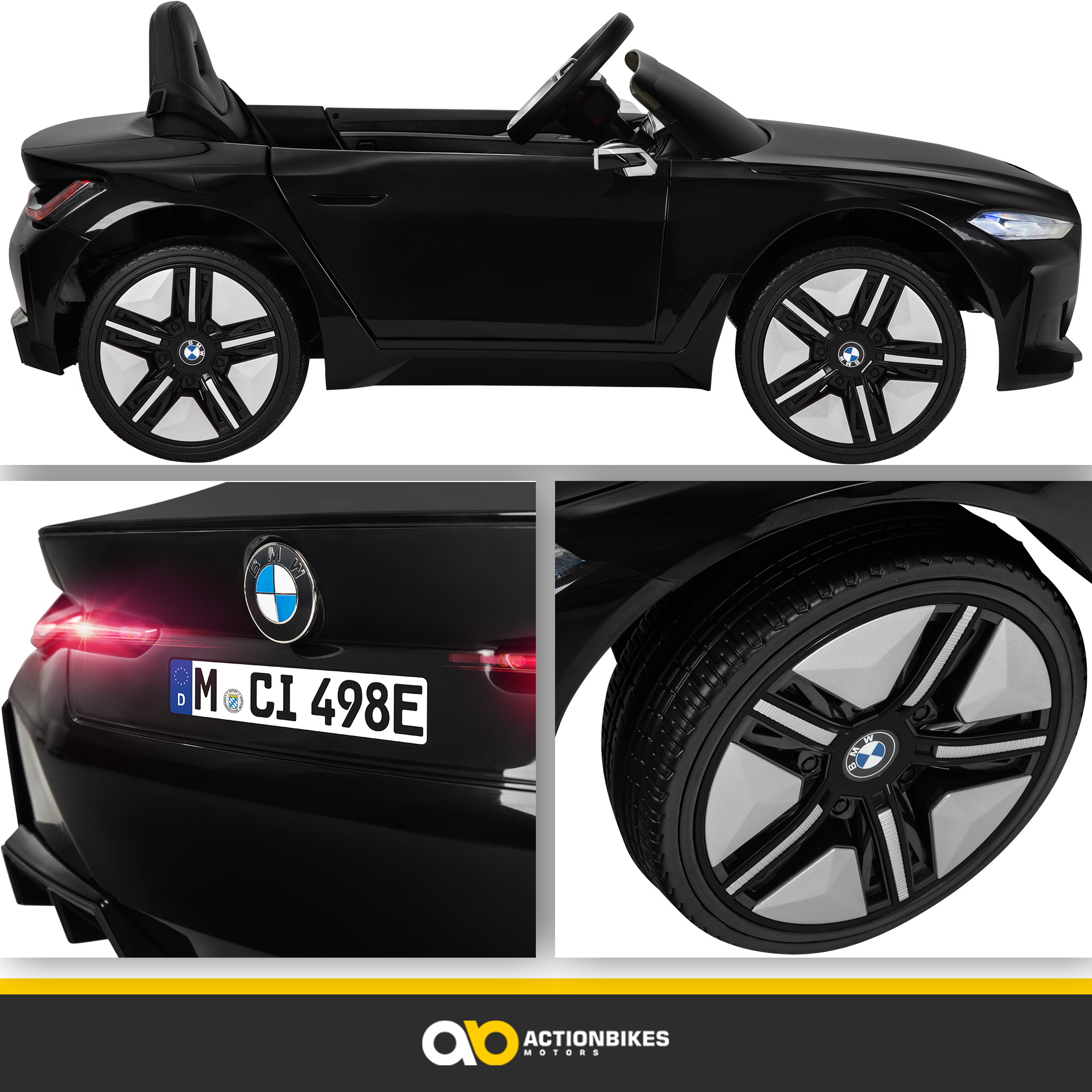 Schwarzes BMW-Spielzeugauto. Es hat weiße und schwarze Felgen und ein Nummernschild. Das Auto steht auf weißem Hintergrund.