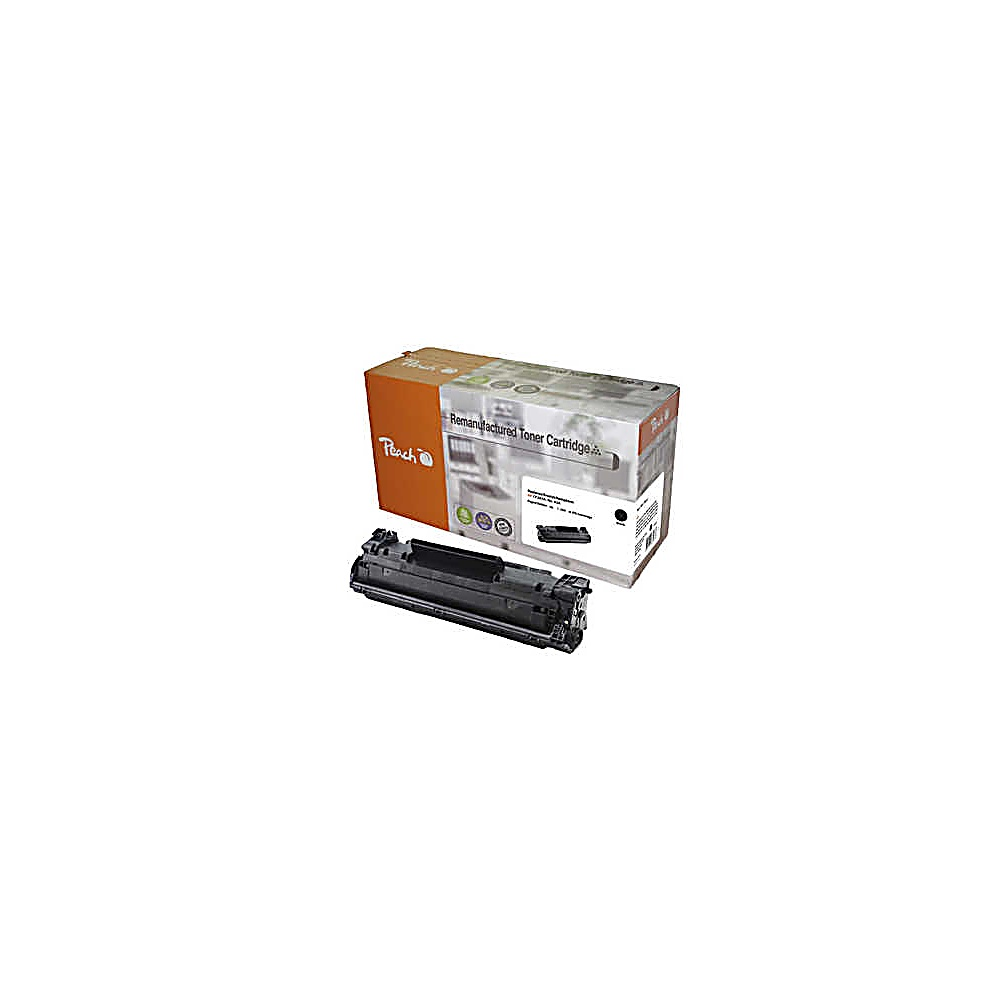 Una scatola di cartucce di toner rigenerate e una cartuccia di toner nera su sfondo bianco.