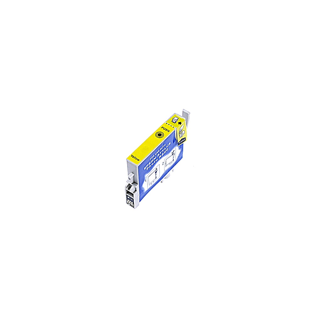 Una cartuccia d'inchiostro Epson gialla con etichette blu e bianche, con scritto 'Giallo'. La cartuccia è su sfondo bianco.