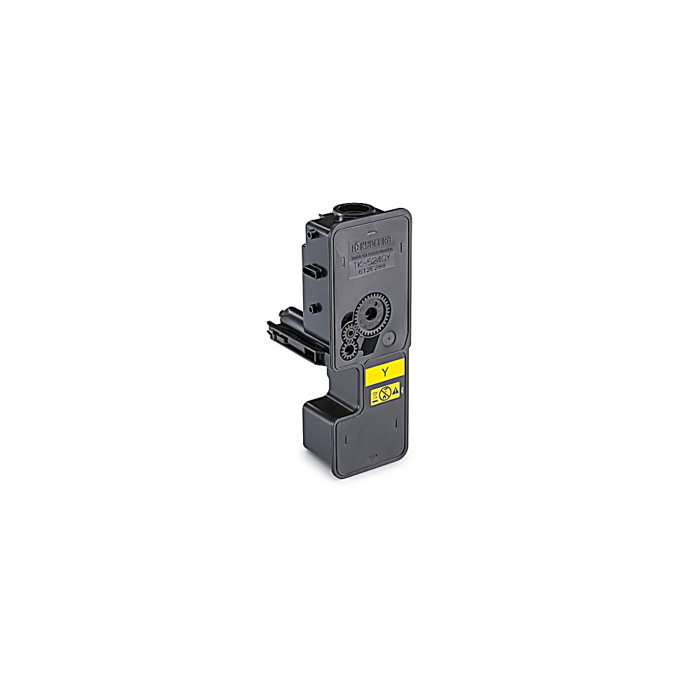 Cartuccia toner Kyocera nera con etichetta gialla. Contiene la lettera 'Y' e simboli di avvertimento. Sfondo bianco.