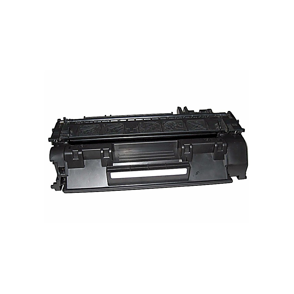 Una cartuccia toner per stampante nera. È rettangolare con vari scomparti e uno sfondo bianco.
