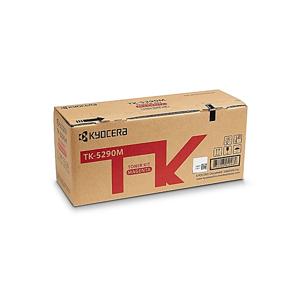 Una scatola di toner Kyocera TK-5290M. La scatola è marrone con testo magenta. Ha il logo Kyocera e informazioni sul prodotto.