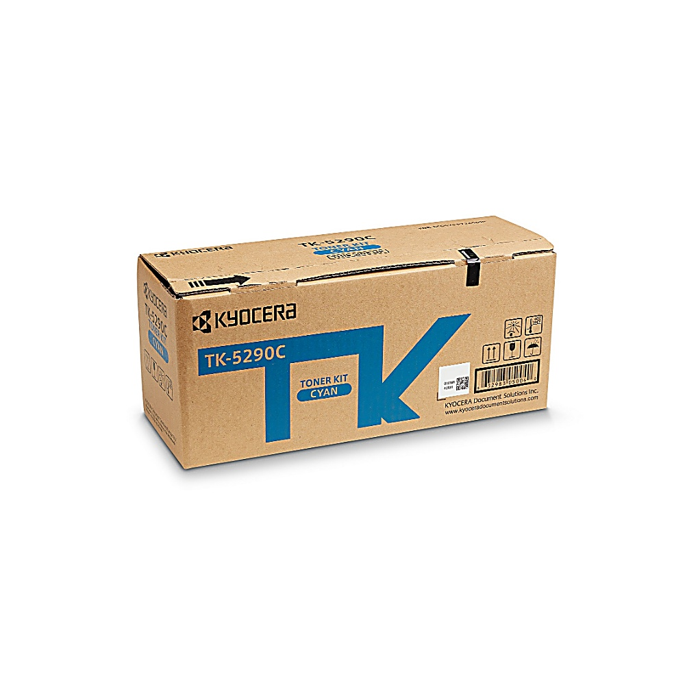 Una scatola di cartone del kit toner Kyocera TK-5290C in ciano. La scatola ha loghi, testo e un design 'TK' blu.