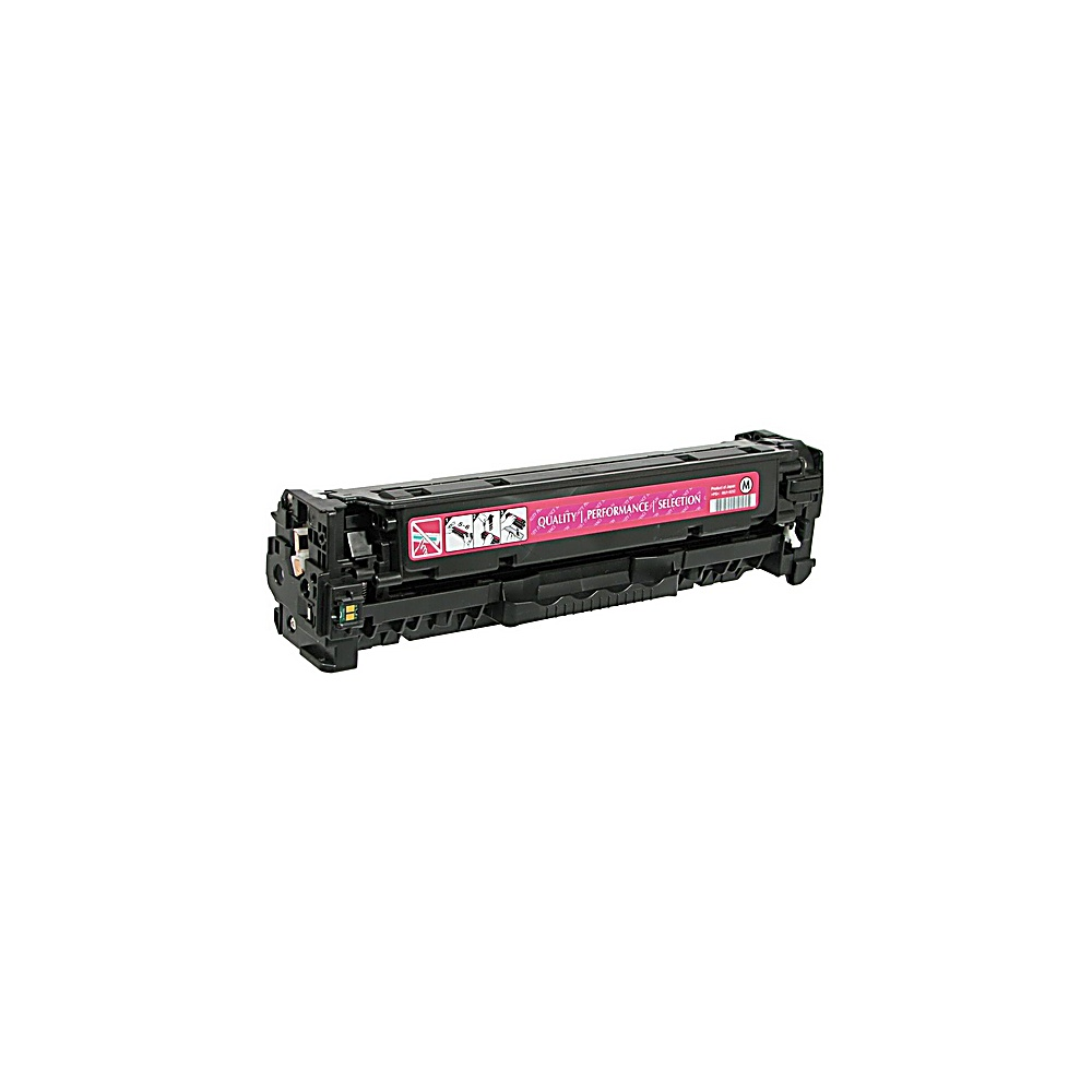 Una cartuccia toner nera con una striscia rosa e testo, su sfondo bianco.