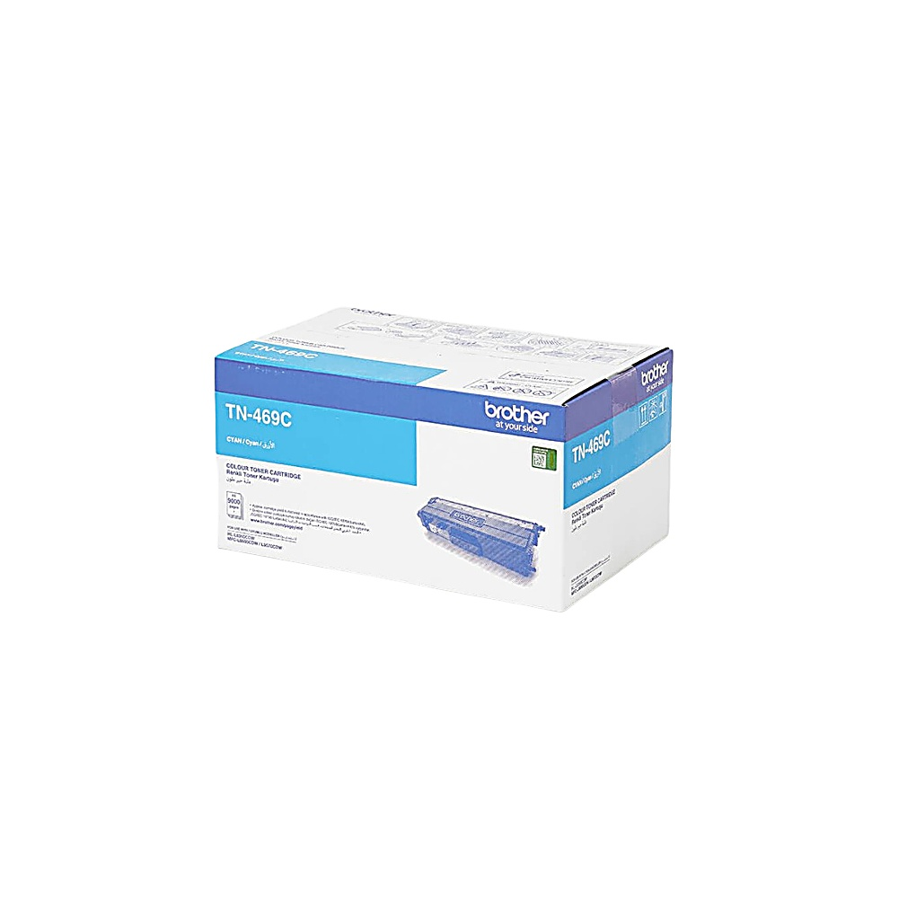 Bir Brother TN-469C toner kartuşu kutusu. Kutu, beyaz zemin üzerine mavi detaylar ve Brother logosuyla. Kartuş mavi.