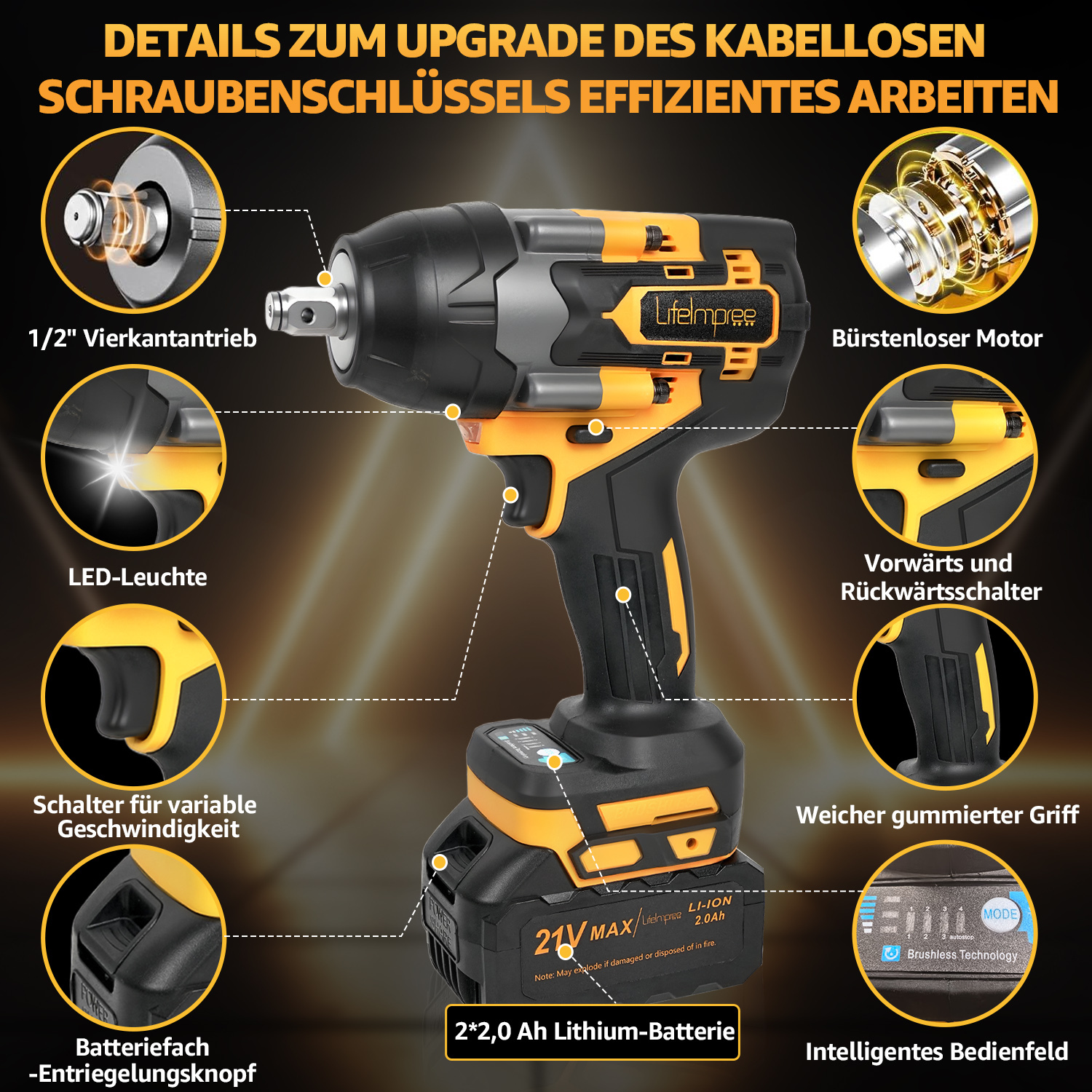 Ein schwarz-gelbes Elektrowerkzeug mit beschrifteten Details. Es hat einen Akku, einen Auslöser und verschiedene Funktionen wie LED-Licht und Motor.