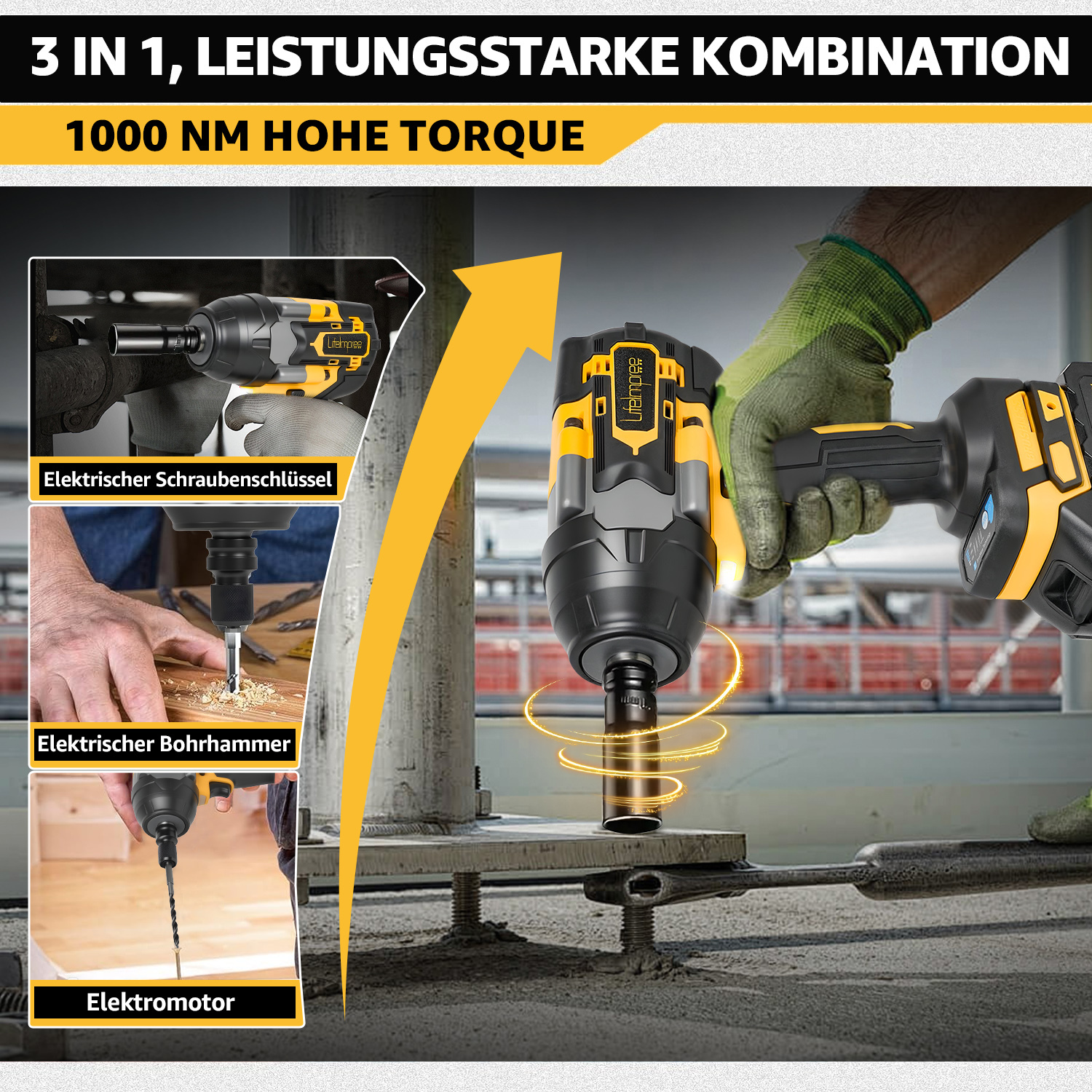 Das Bild zeigt ein Elektrowerkzeug mit verschiedenen Aufsätzen. Text-Overlays heben Funktionen wie Drehmoment und Funktionen hervor.