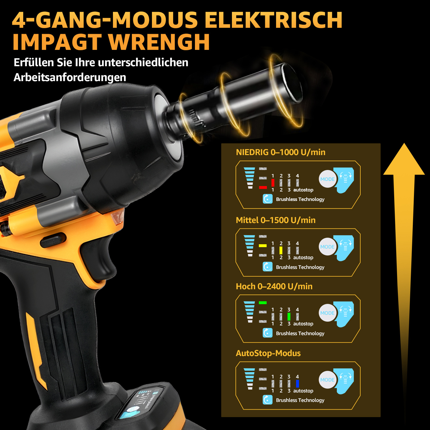Elektrischer Schraubenschlüssel mit Geschwindigkeitseinstellungen. Anzeige von Geschwindigkeiten und Modi. Gelbes und schwarzes Werkzeug auf dunklem Hintergrund.