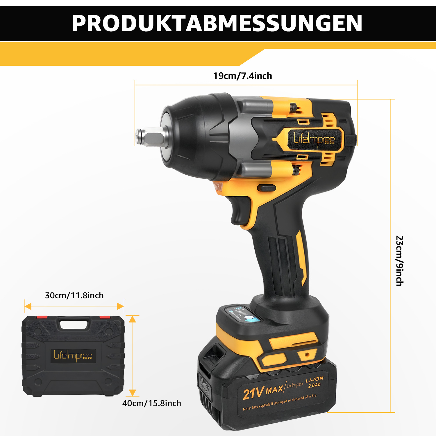Ein elektrischer Schraubenschlüssel mit schwarzem und gelbem Design wird mit einem Tragekoffer gezeigt. Abmessungen sind beschriftet. Der Markenname ist sichtbar.