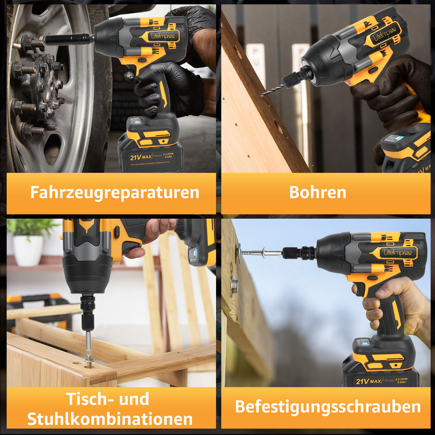 Das Bild zeigt ein schwarz-gelbes Lifelmpree-Elektrowerkzeug, das in verschiedenen Szenarien verwendet wird. Es wird für Autoreparaturen, Bohren und mehr verwendet.
