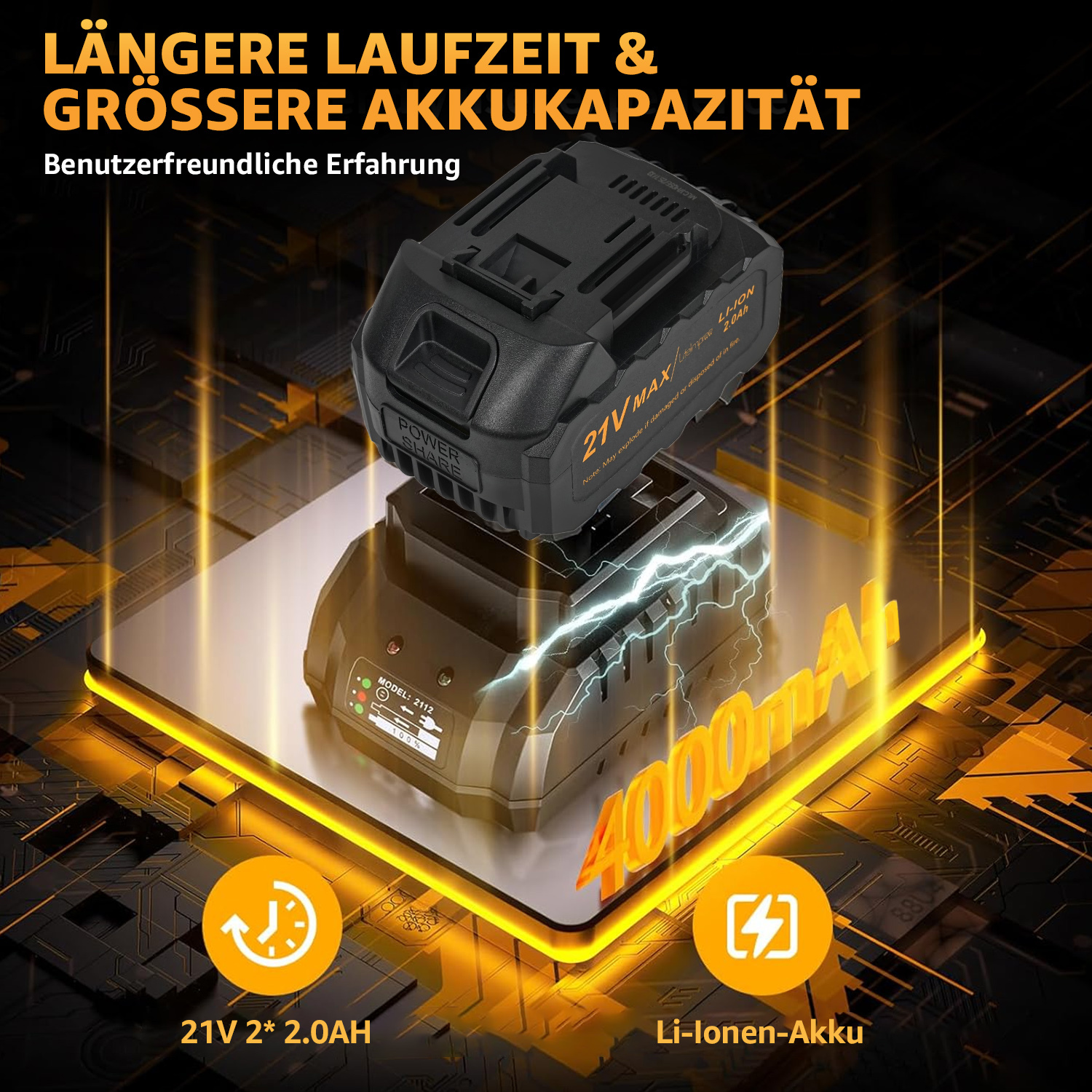 Schwarzer Akku auf einem Ladegerät, mit Text, der 21V, 2,0 Ah und 4000 mAh Kapazität angibt. Gelbe Akzente heben Merkmale hervor.