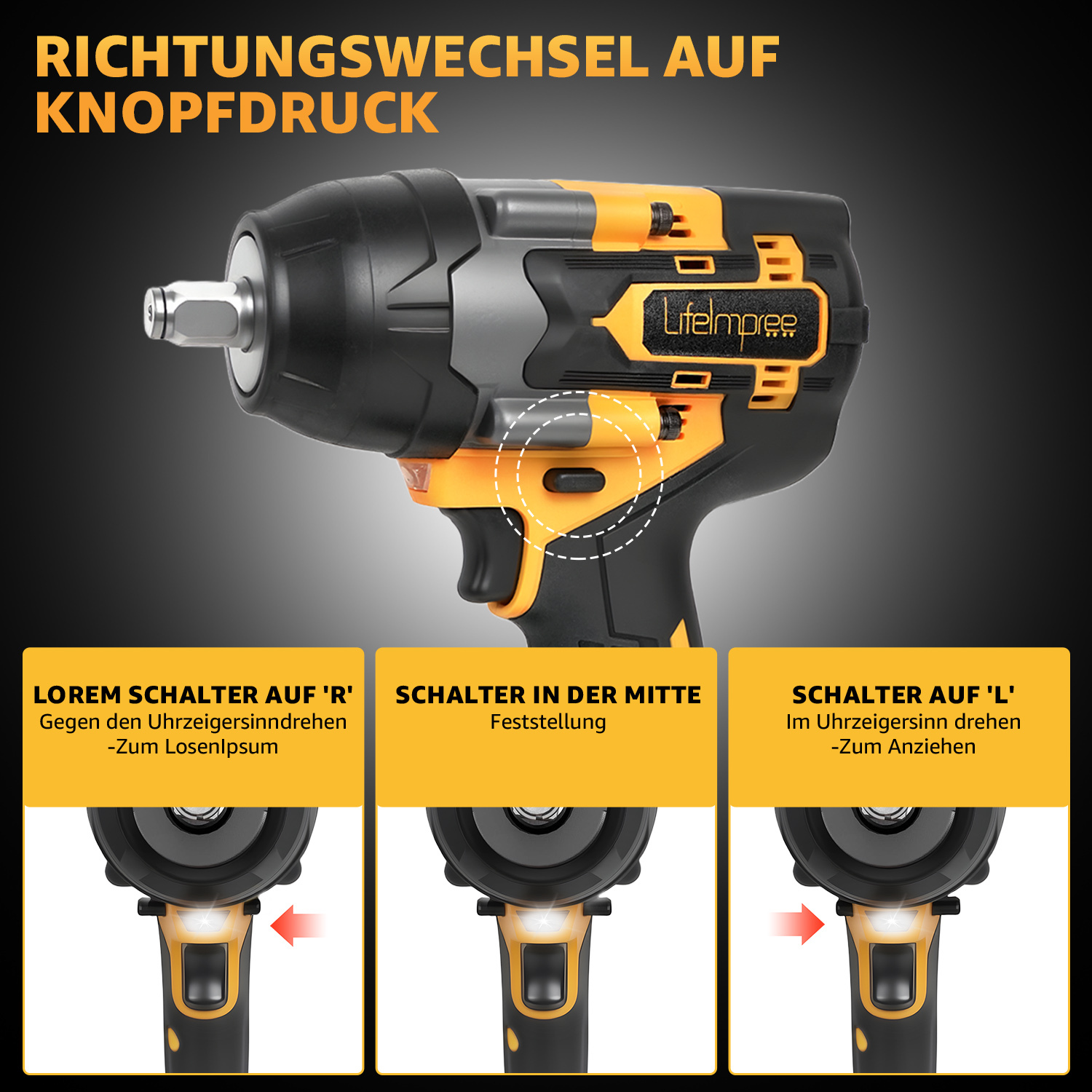 Ein Schlagschrauber mit orangefarbenen Akzenten. Text zeigt Anweisungen zum Lösen und Anziehen. Die Marke ist Lifelmpree.